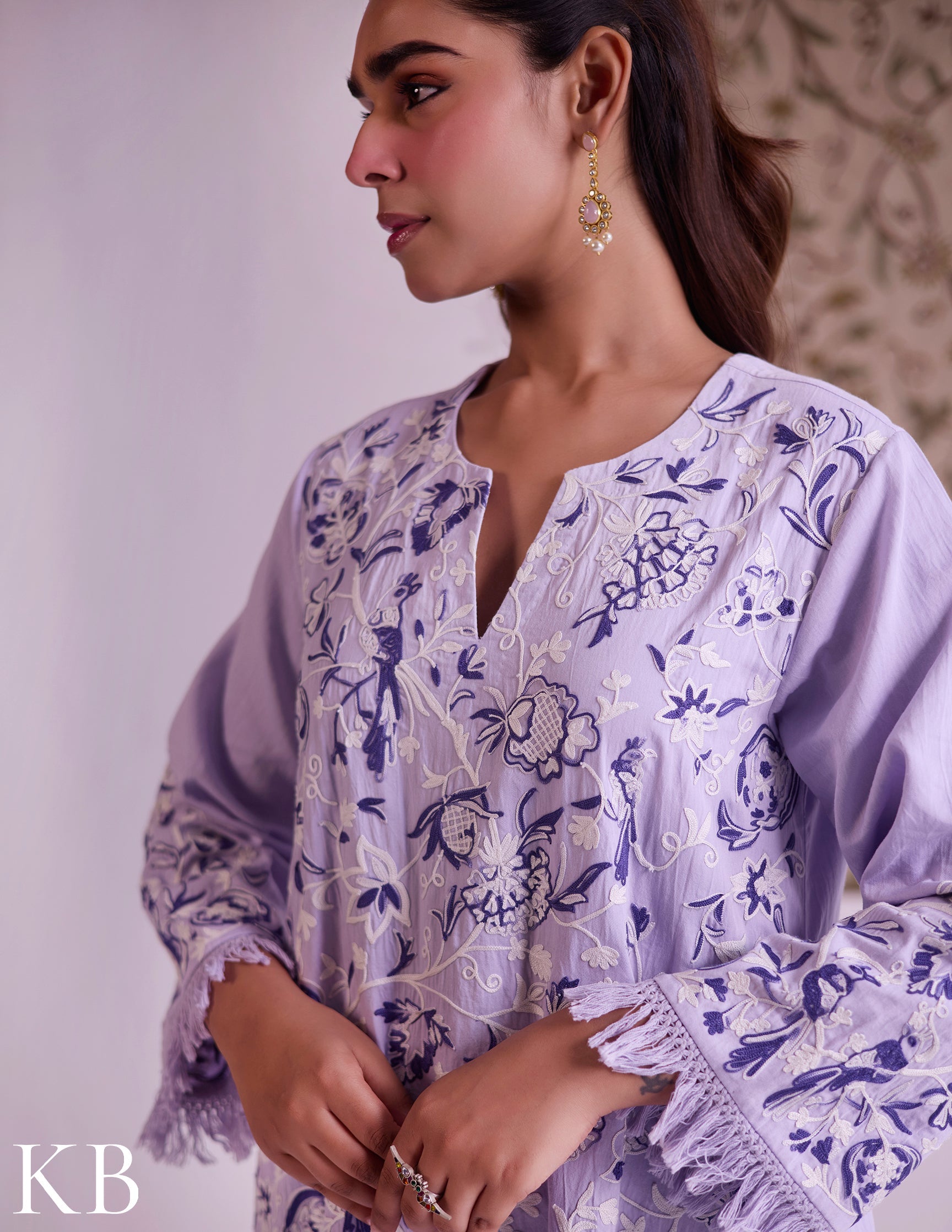 Lilac Cotton Satin Suit Set with Fine Aari Embroidery & Organza Dupatta — Bulbul Collection | Kashmiri Summer Festive Wear - Kashmir Box