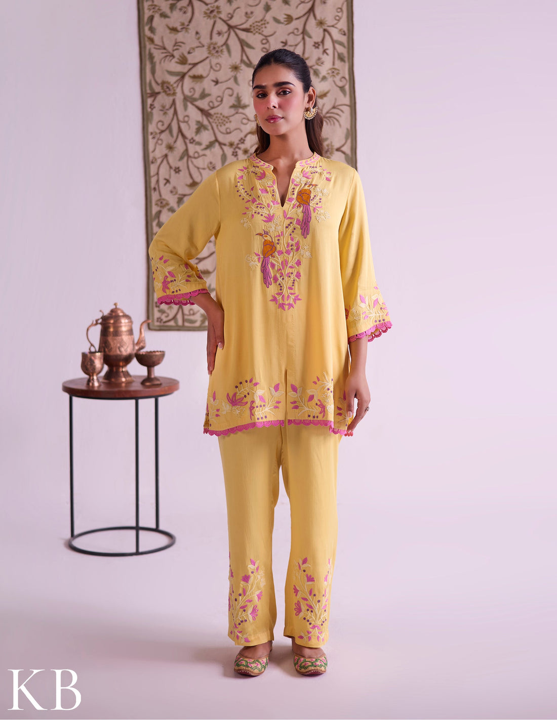 Mustard–Pink Modal Satin Coord Set with Fine Aari Embroidery — Bulbul Collection | Kashmiri Summer Festive Wear - Kashmir Box