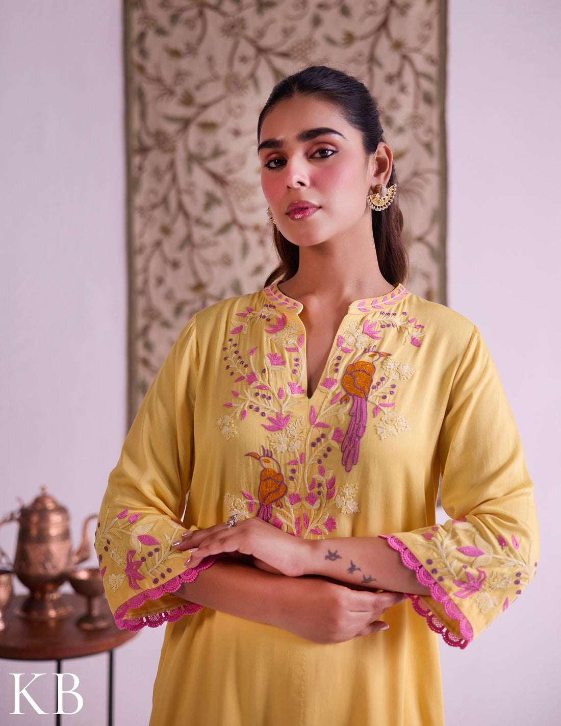 Mustard–Pink Modal Satin Coord Set with Fine Aari Embroidery — Bulbul Collection | Kashmiri Summer Festive Wear - Kashmir Box