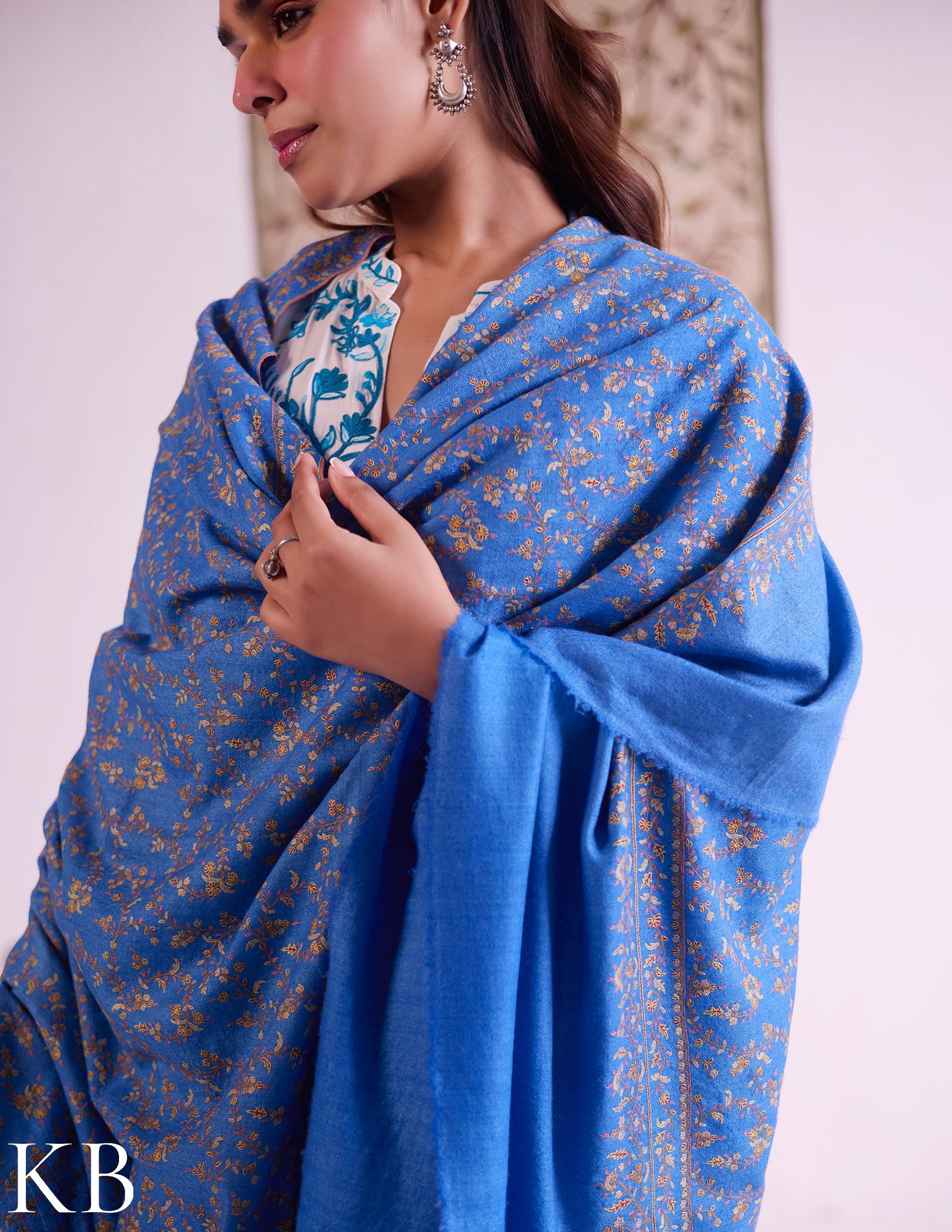 Kashmiri Handwoven Pashmina Jaali Sozni Shawl – Sky Blue | Handwoven Heritage