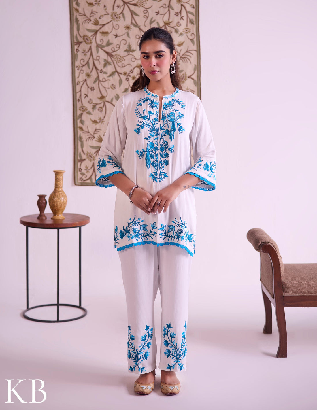 White–Blue Modal Satin Coord Set with Fine Aari Embroidery — Bulbul Collection | Kashmiri Summer Festive Wear - Kashmir Box