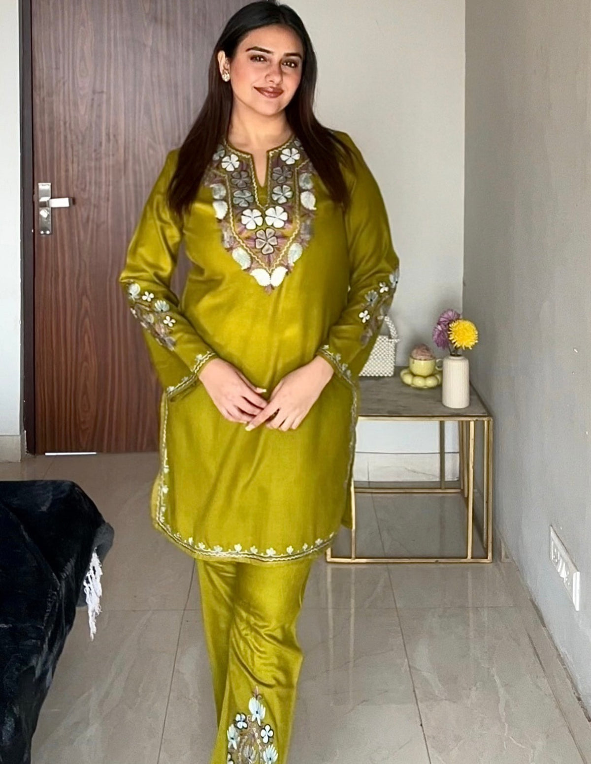 Kashmiri Grey & Brown Aari Embroidered Woollen Coordset – Moong Green | Timeless Style