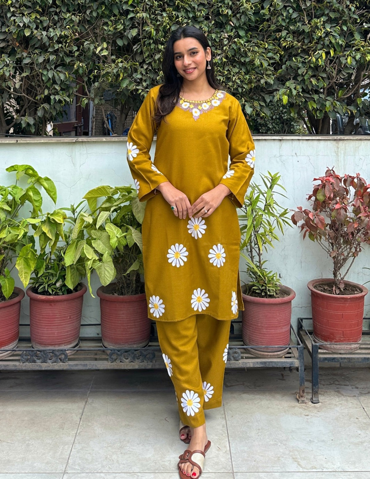 Kashmiri White, Grey & Yellow Aari Embroidered Woollen Coordset – Mustard | Everyday Winter Wear