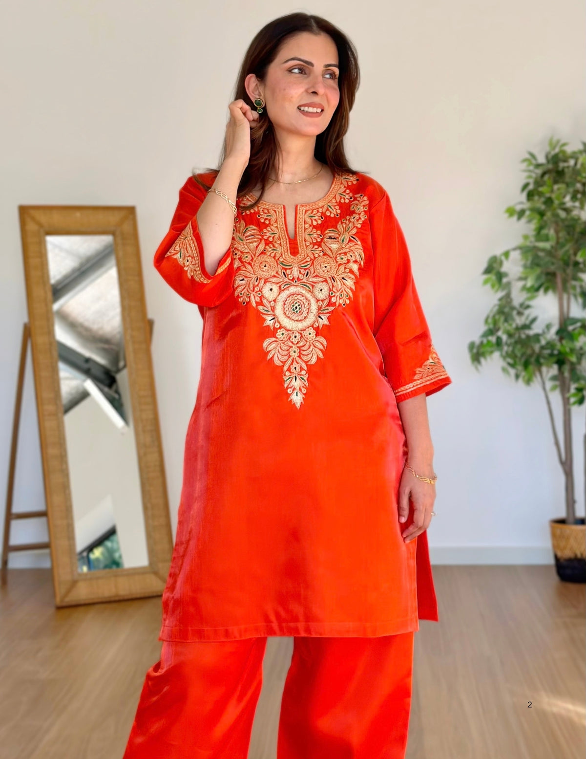 Kashmiri Tilla & Thread Embroidered Silk Co-ord Set – Rust Orange