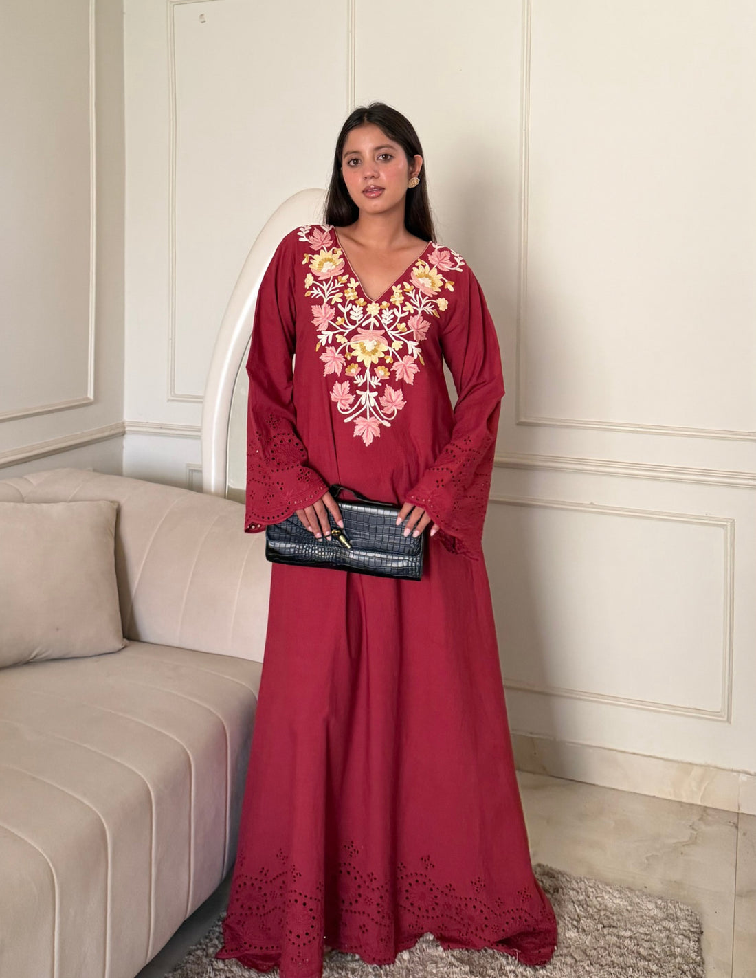 Maroon Schiffli & Aari Embroidered Cambric Cotton Gown