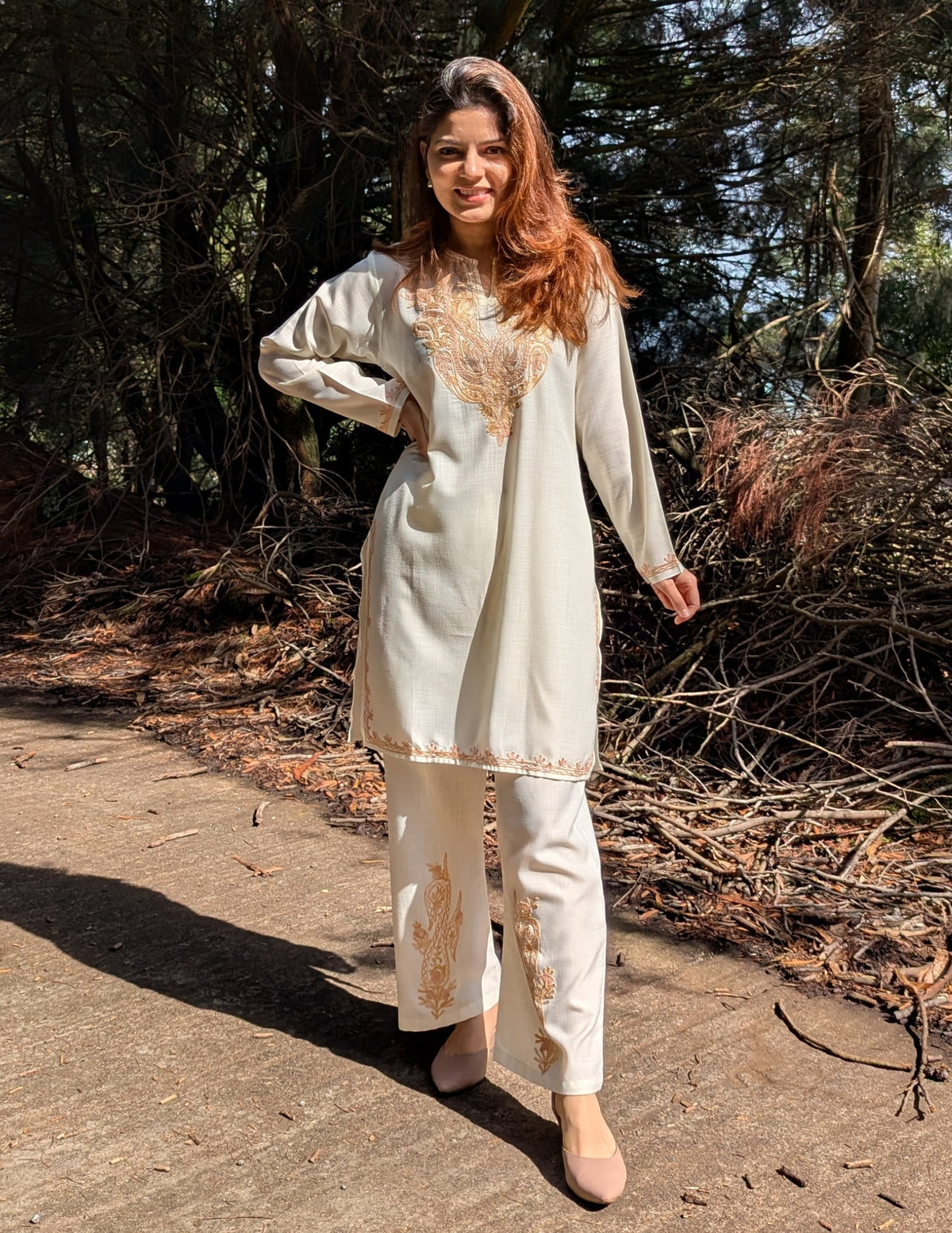 Nigeen Kashmiri Aari Embroidered Off White Ruby Cotton Co-ord Set for Women