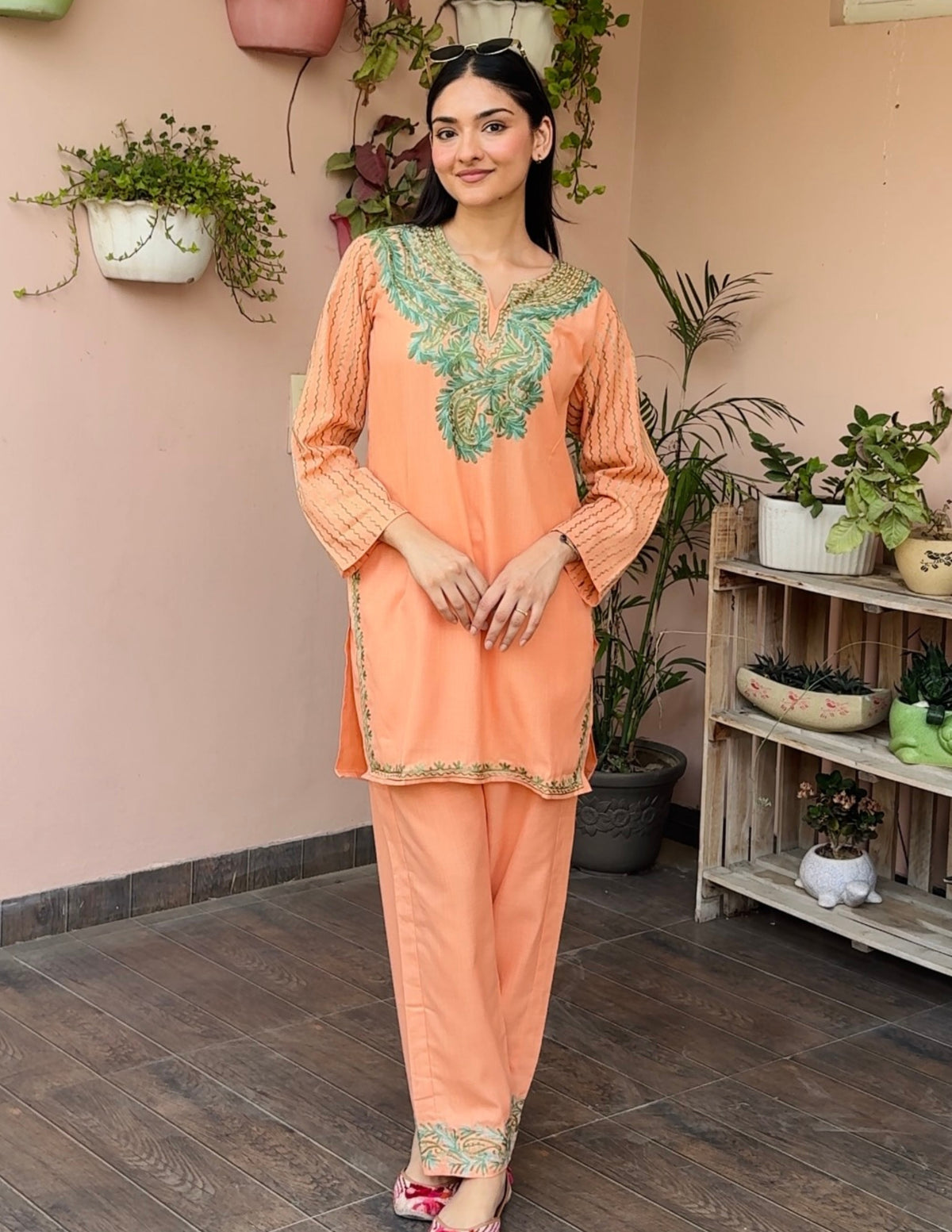 Peach Cotton Coordset with Olive Green Embroidery | Bahaar Collection 2025