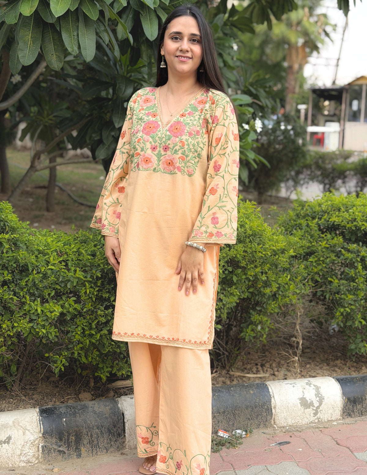 Light Peach Kashmiri Aari Embroidered Cambric Cotton Co-ord Set for Women | Pink & Green Ethnic Wear