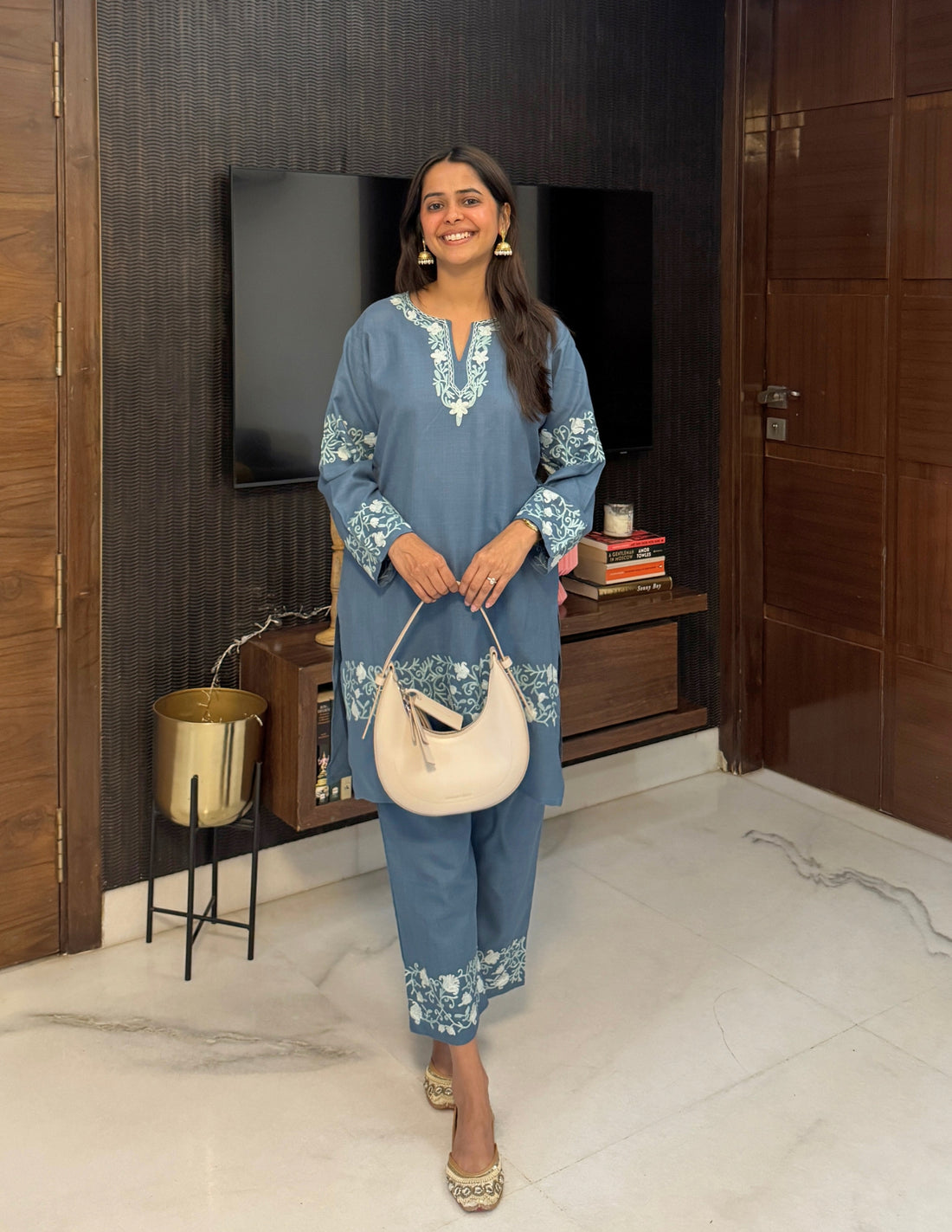 Slate Grey Kashmiri Aari Cotton Co-ord Set for Women | Minimalist Office & Casual Wear