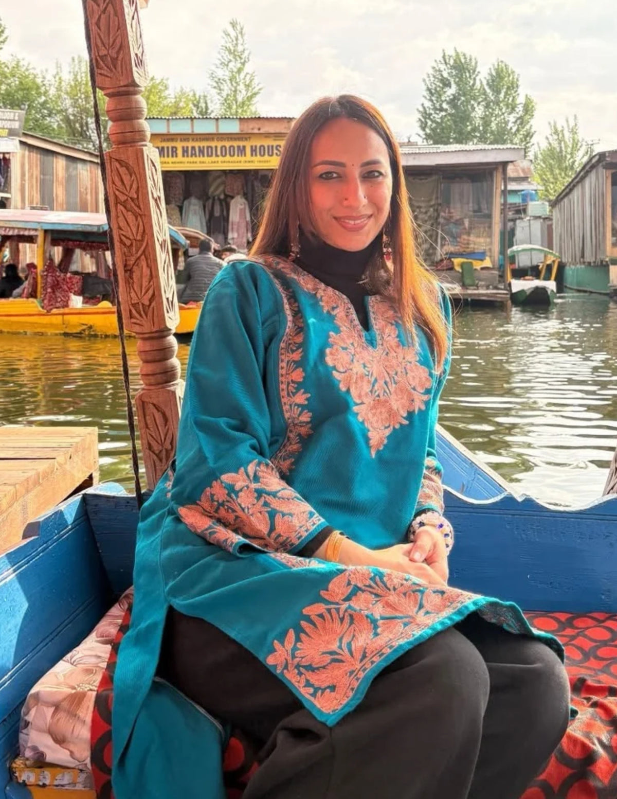 Kashmiri Dark Brown Zari Embroidered Woollen Phiran – Teal Green | Handcrafted Heritage
