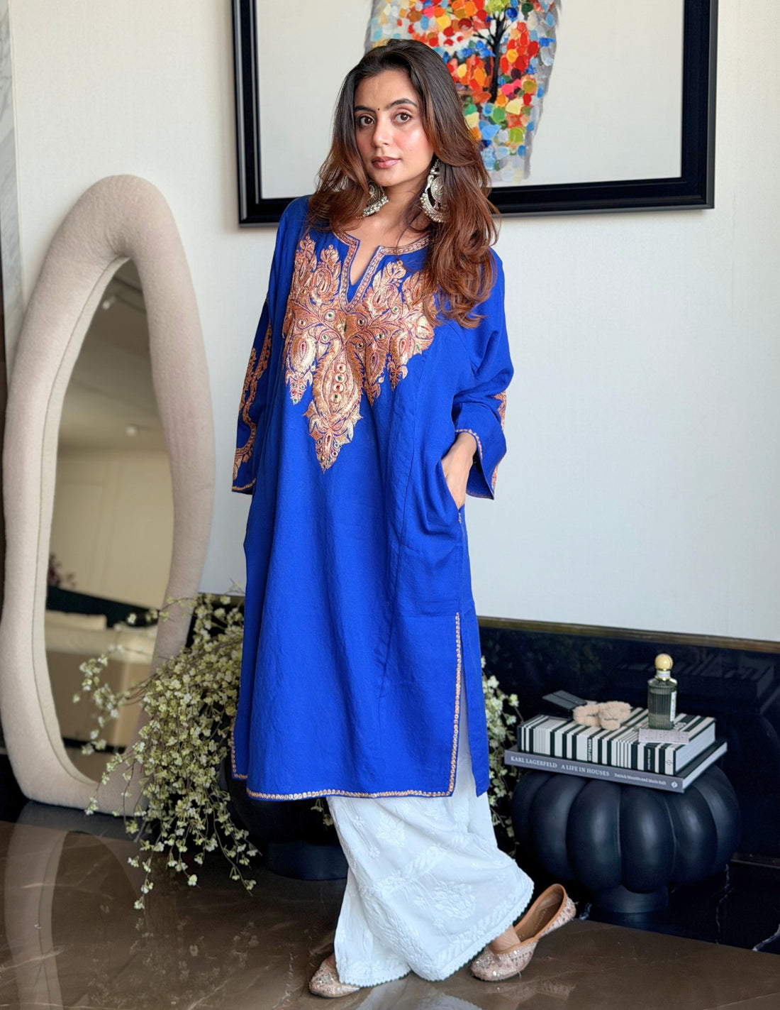 Kashmiri Golden Boti Tilla Embroidered Woollen Phiran – Royal Blue | Handcrafted Heritage