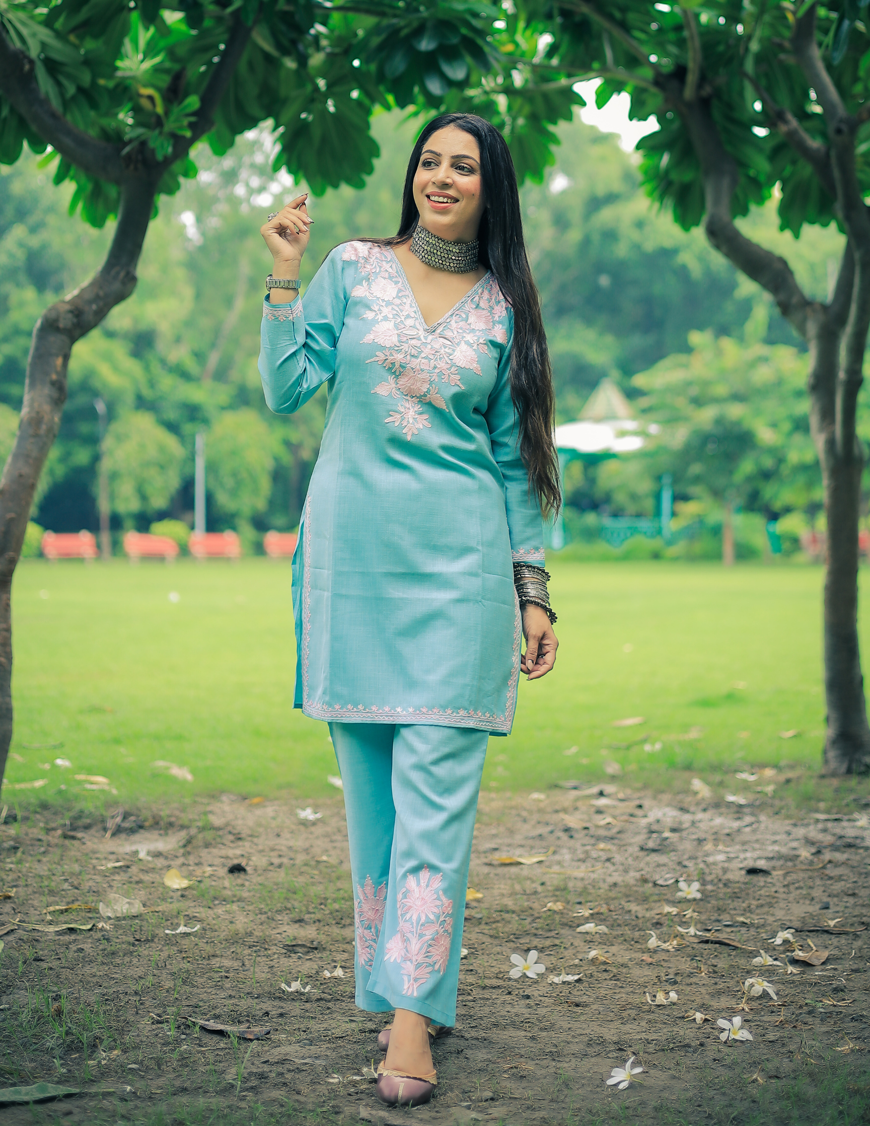 Nigeen Kashmiri Aari Sky Blue Co-ord Set