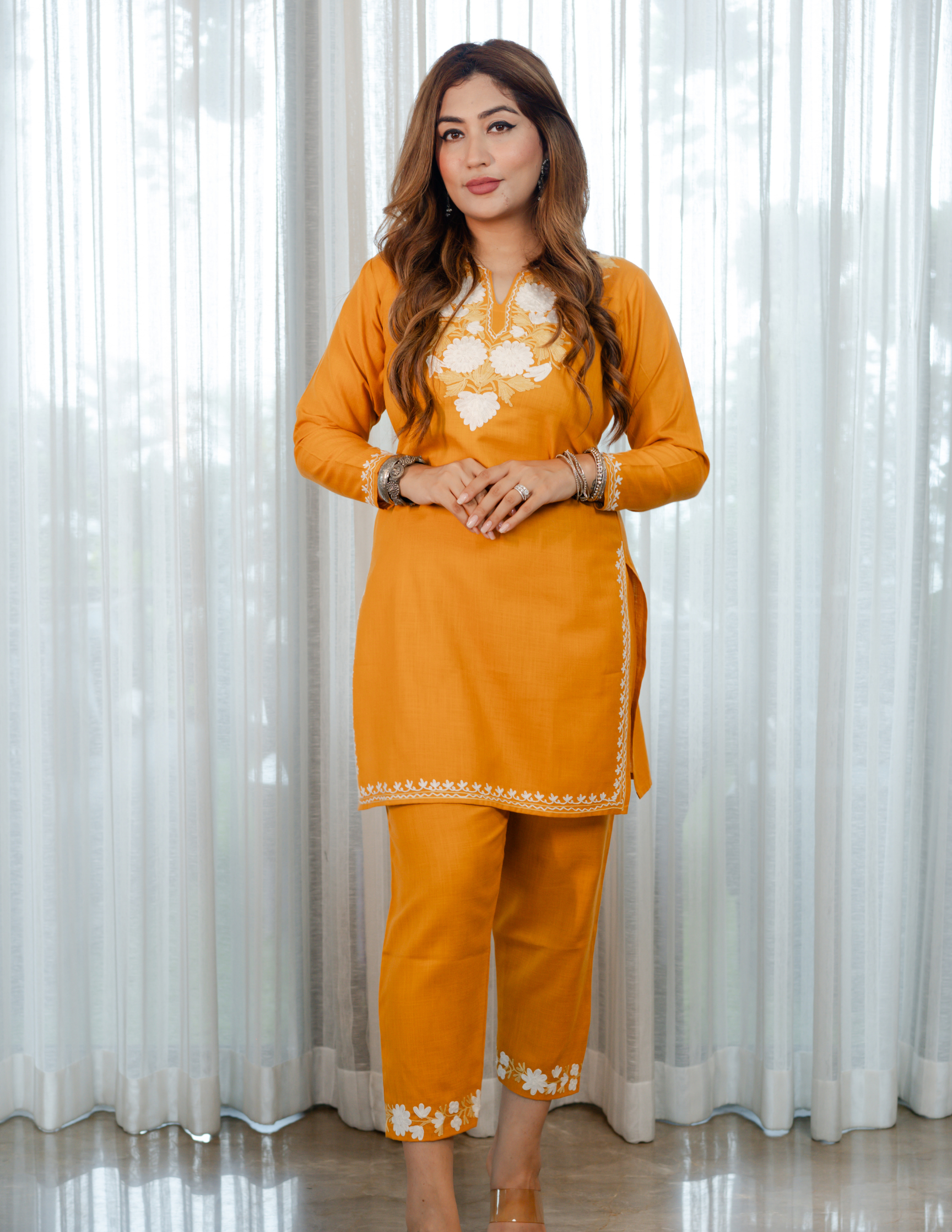 Nigeen Kashmiri Aari Mustard Yellow Co-ord Set