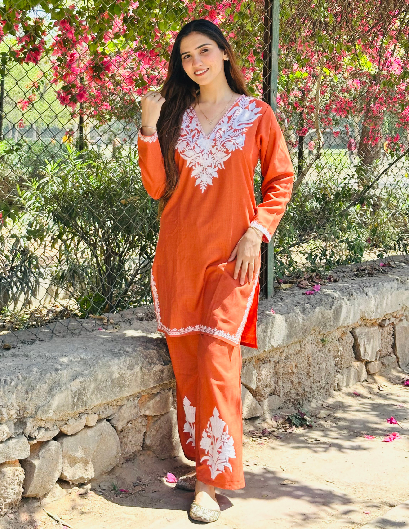 Nigeen Kashmiri Aari Rust Orange Co-ord Set