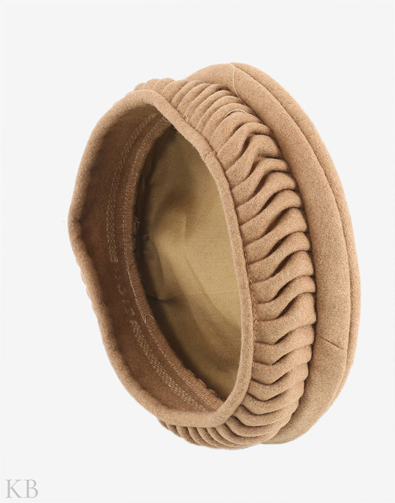 Fawn Pleated Woolen Pakol Cap - Kashmir Box