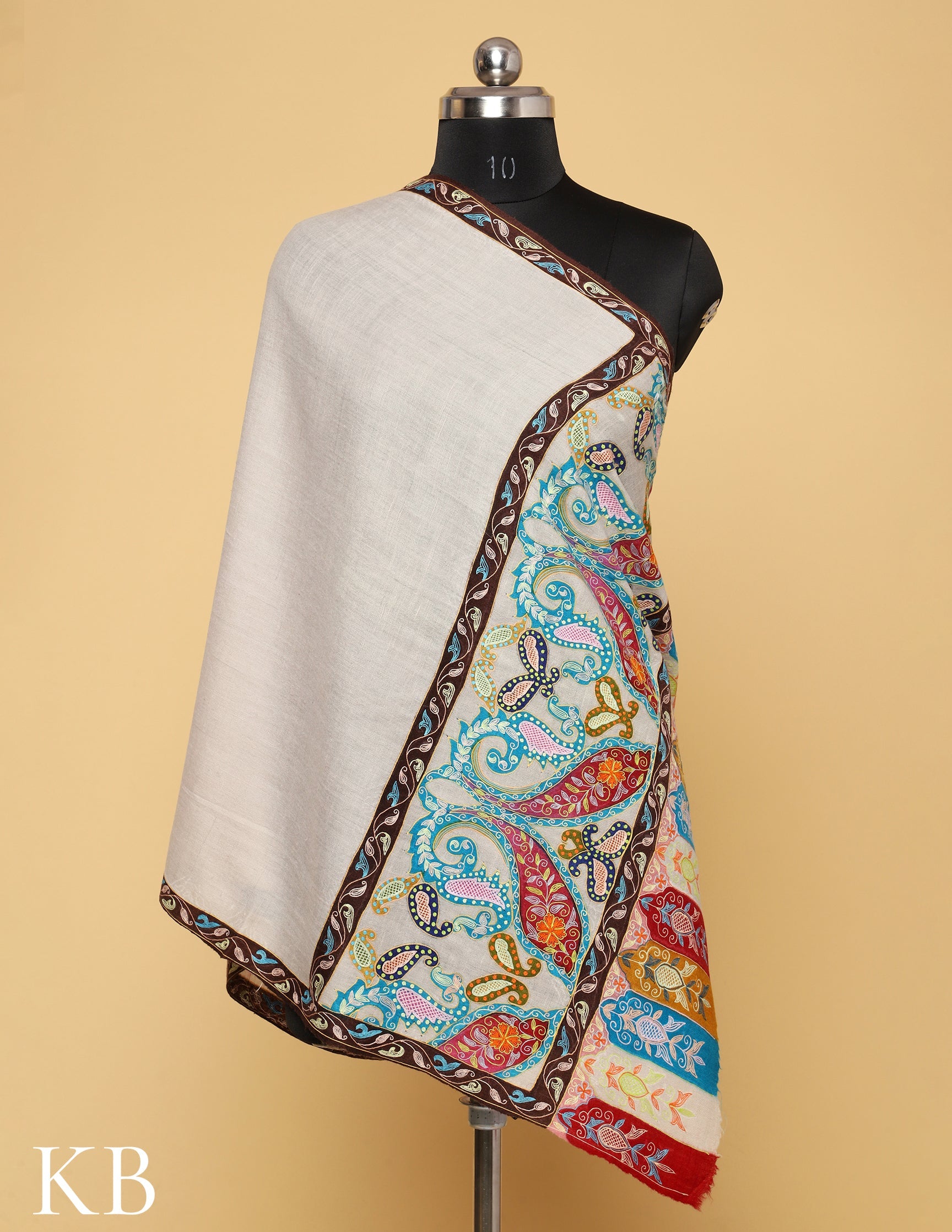 White Kalamkari Palla Pure Pashmina Stole - Kashmir Box