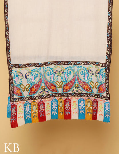 White Kalamkari Palla Pure Pashmina Stole - Kashmir Box