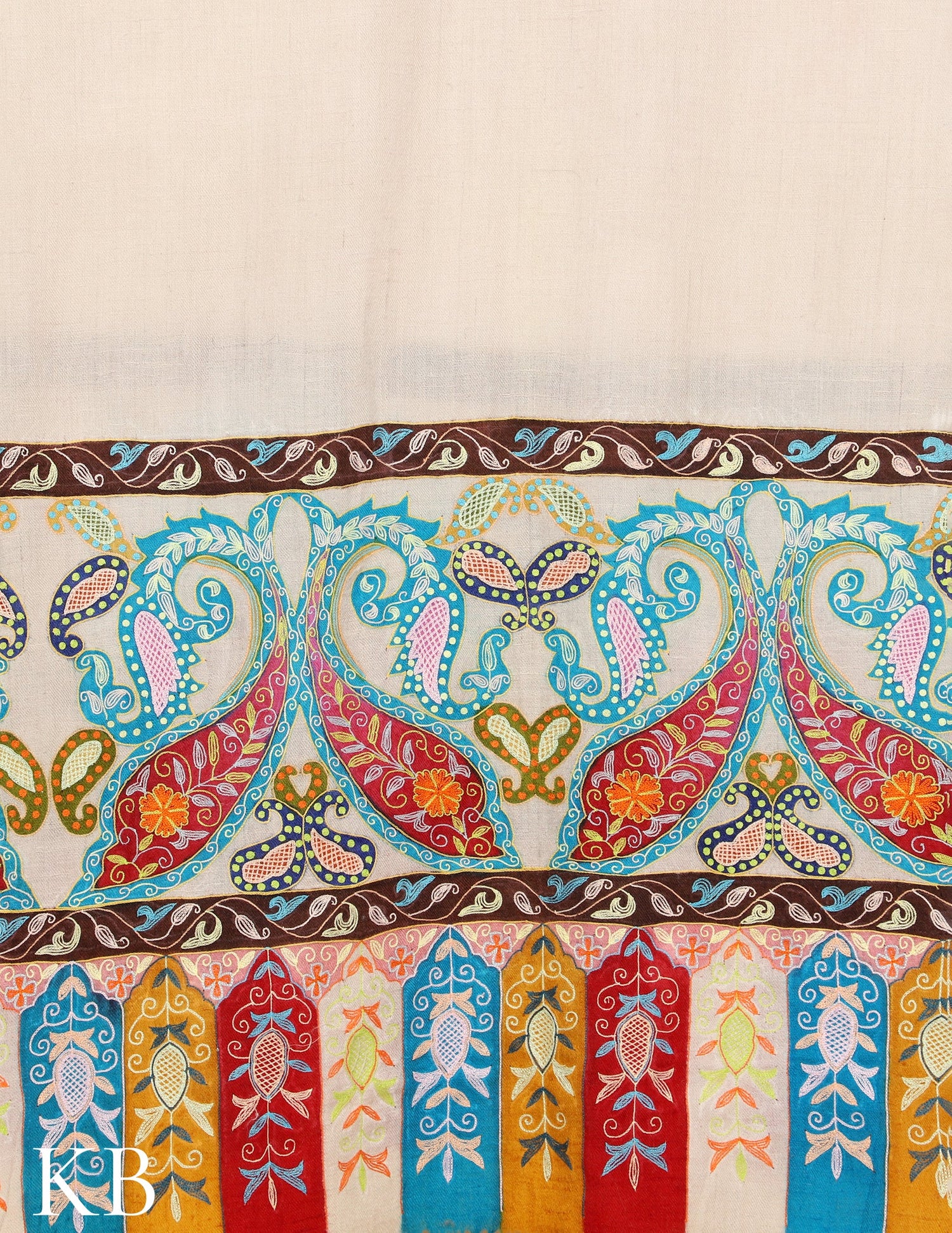 White Kalamkari Palla Pure Pashmina Stole - Kashmir Box