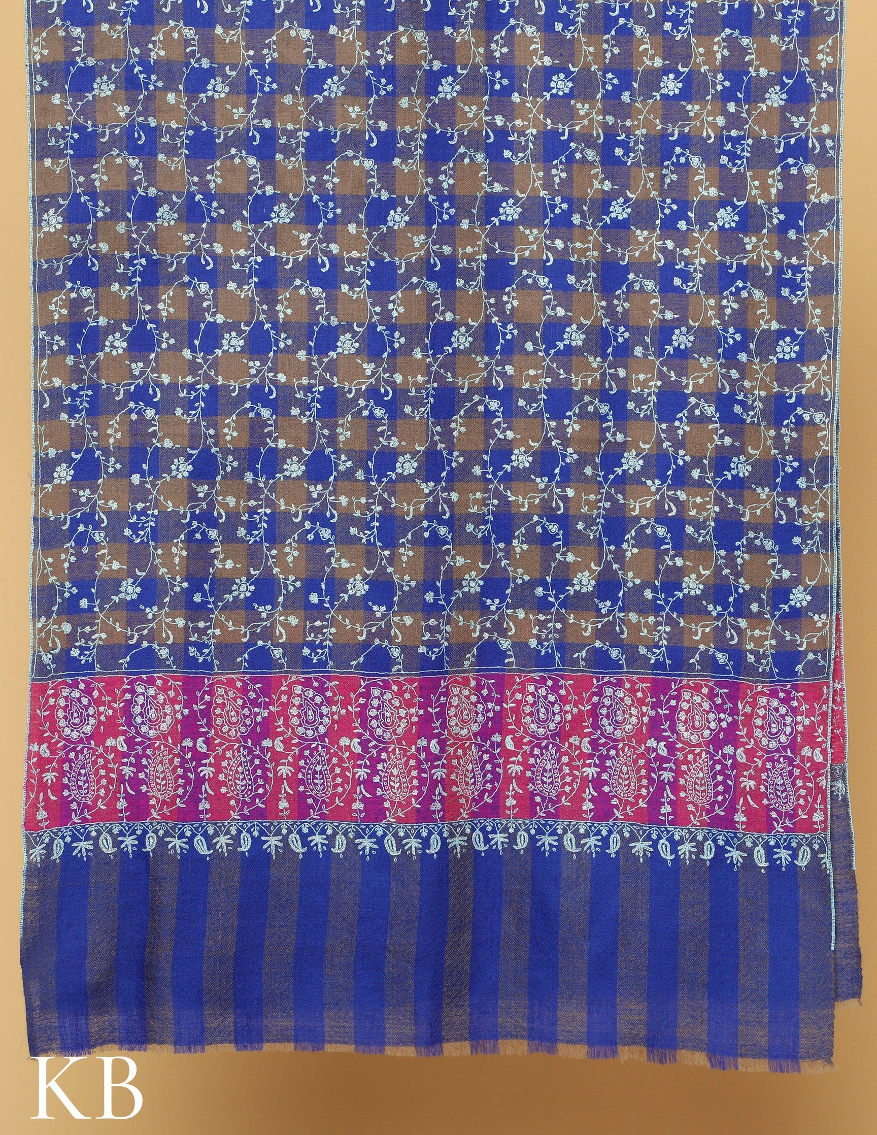 Blue Striped and checked Sozni Embroidered Pure Pashmina Stole - Kashmir Box