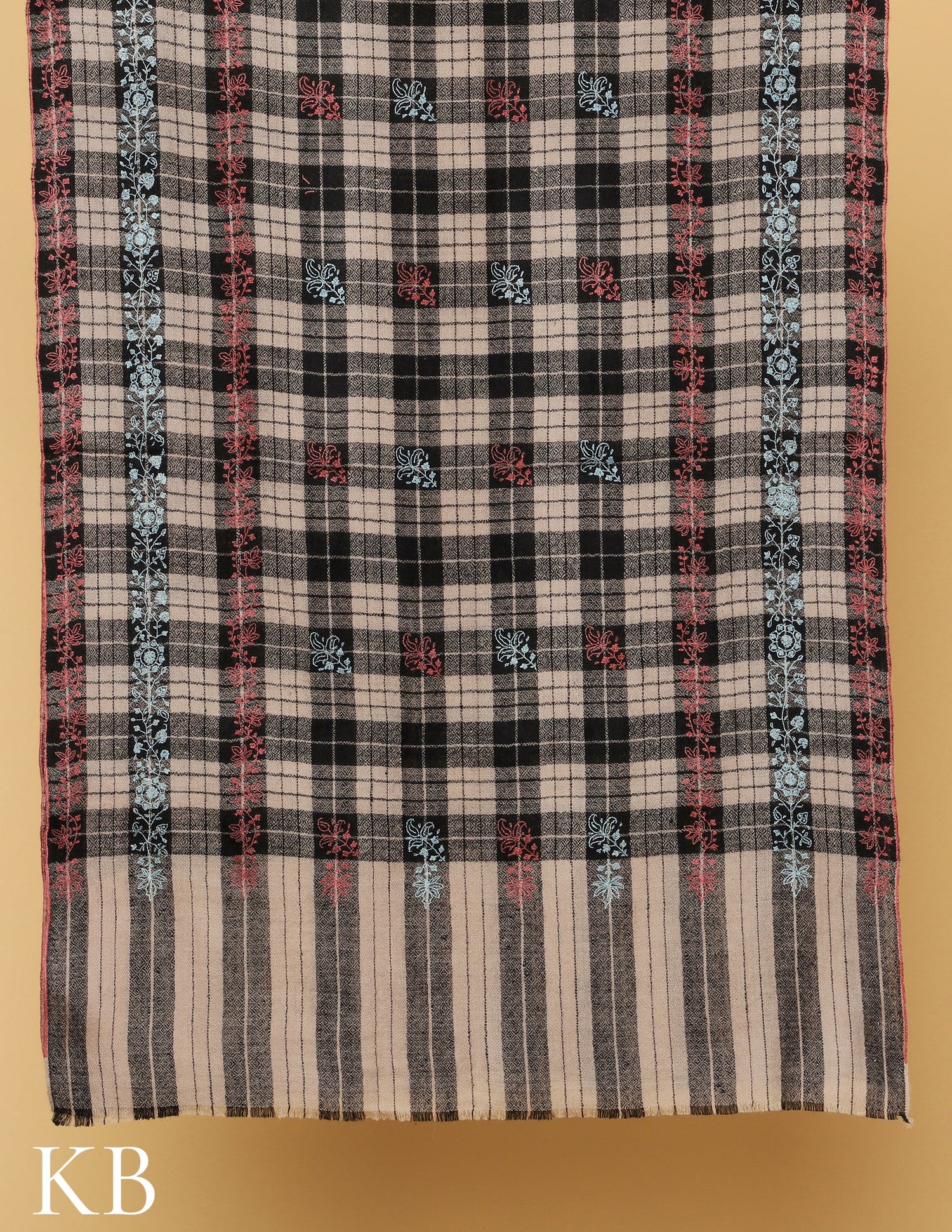 Grey And Black Check Sozni Embroidered Pure Pashmina Stole - Kashmir Box