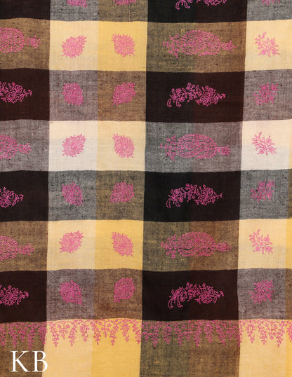 Multicolor Sozni Embroidered and checked Pure Pashmina Stole - Kashmir Box