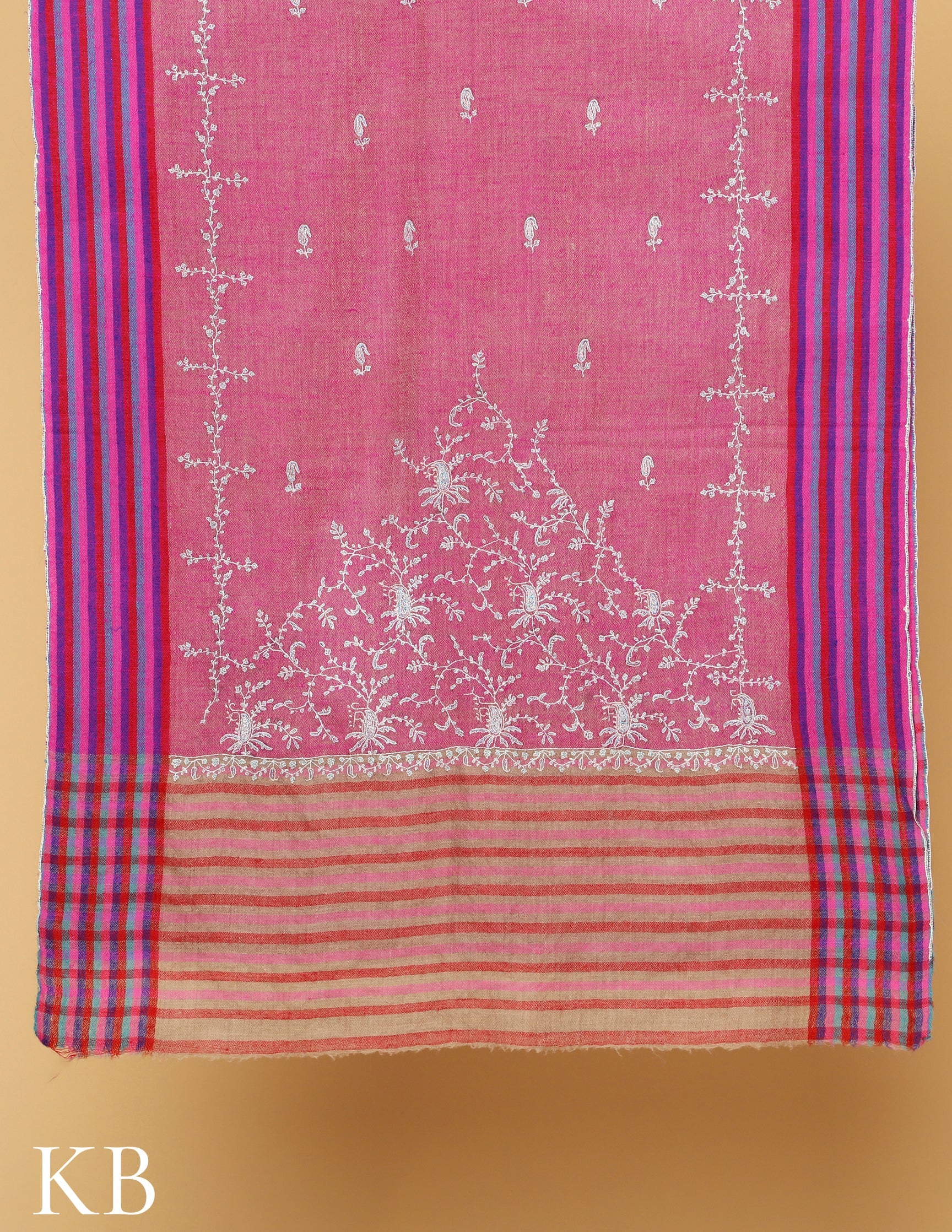 Puce Pink Sozni Embroidered and Striped Palla Pure Pashmina Stole - Kashmir Box