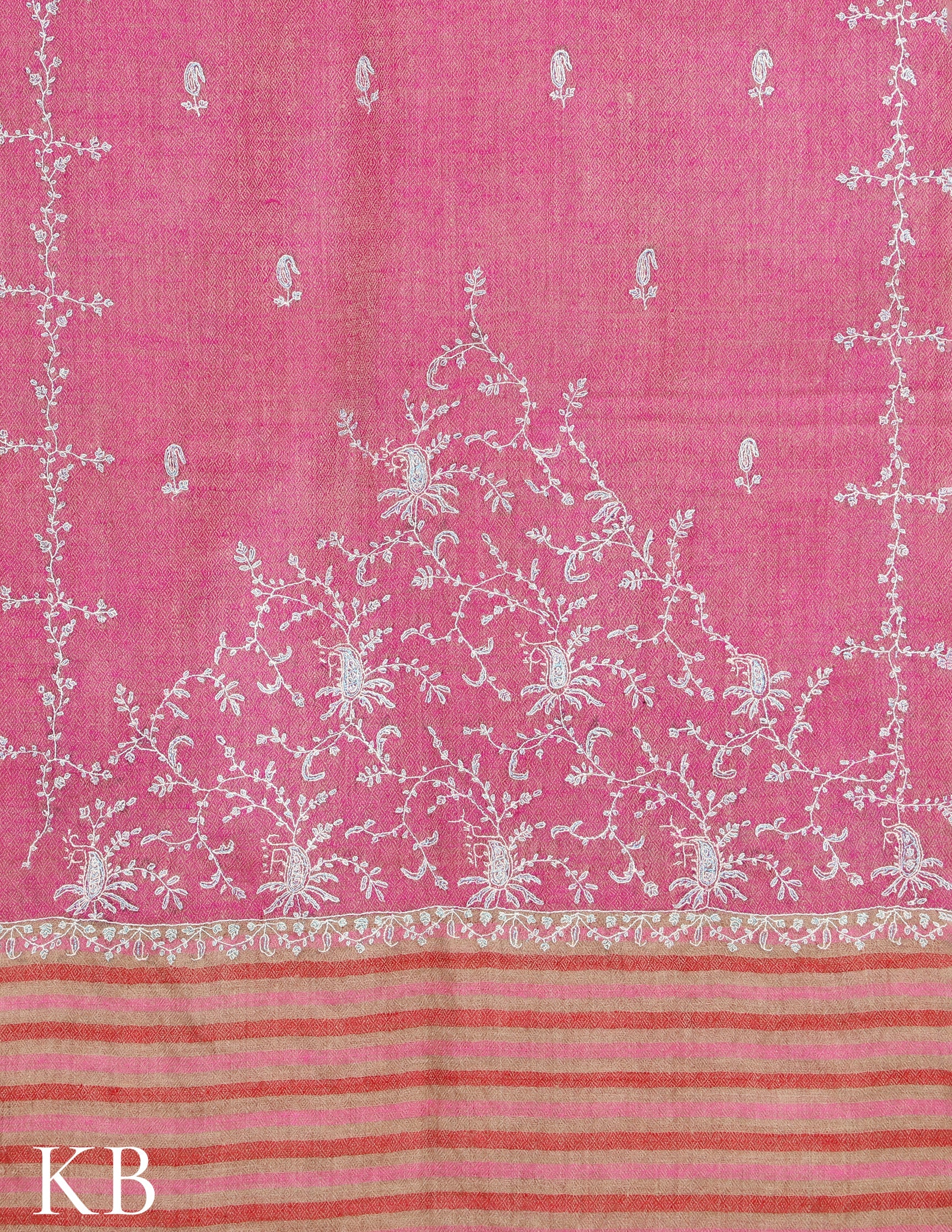 Puce Pink Sozni Embroidered and Striped Palla Pure Pashmina Stole - Kashmir Box