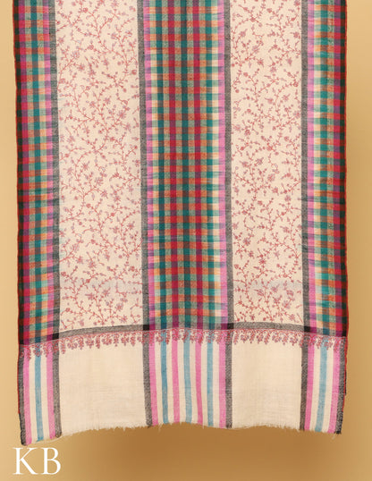 Off White Sozni Embroidered and checked Palla Pure Pashmina Stole - Kashmir Box