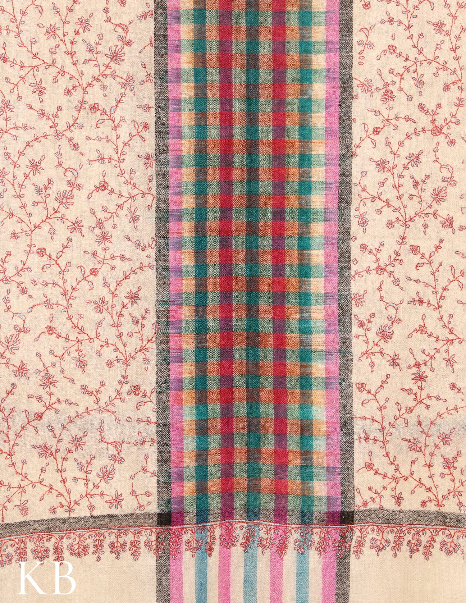 Off White Sozni Embroidered and checked Palla Pure Pashmina Stole - Kashmir Box