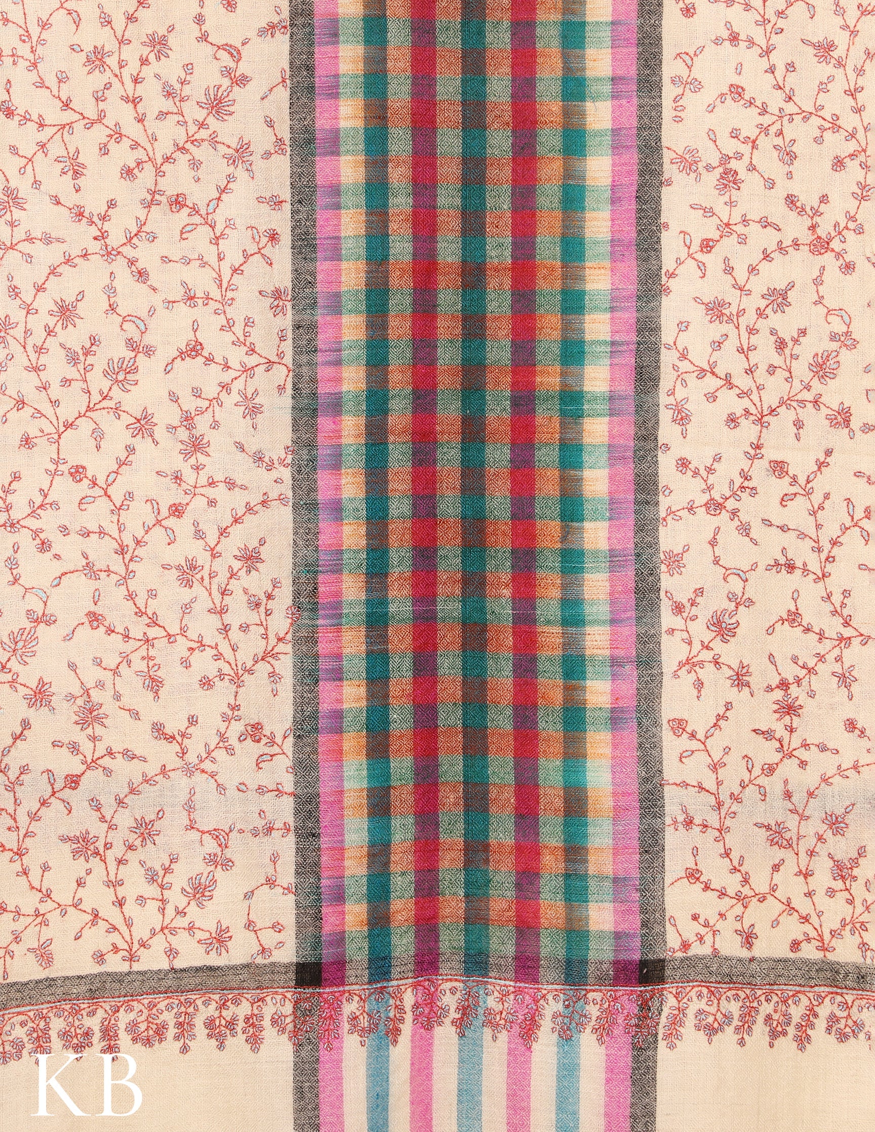 Off White Sozni Embroidered and checked Palla Pure Pashmina Stole - Kashmir Box