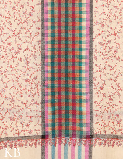 Off White Sozni Embroidered and checked Palla Pure Pashmina Stole - Kashmir Box