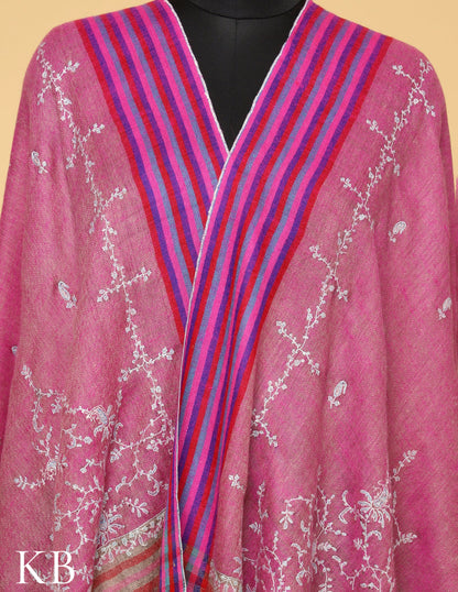 Puce Pink Sozni Embroidered and Striped Palla Pure Pashmina Stole - Kashmir Box