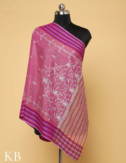 Puce Pink Sozni Embroidered and Striped Palla Pure Pashmina Stole - Kashmir Box