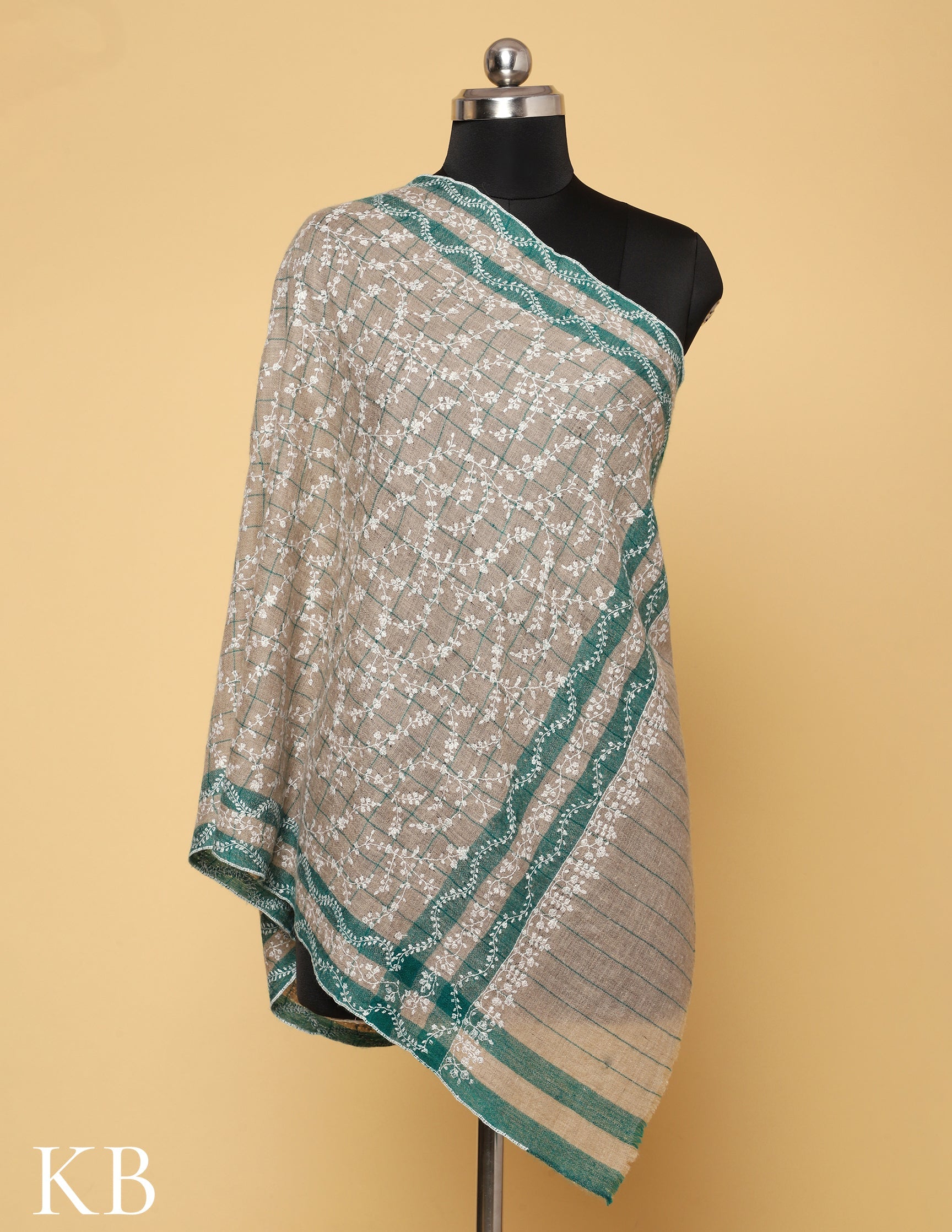 Brandy Tan Sozni Embroidered and Striped Pure Pashmina Stole - Kashmir Box