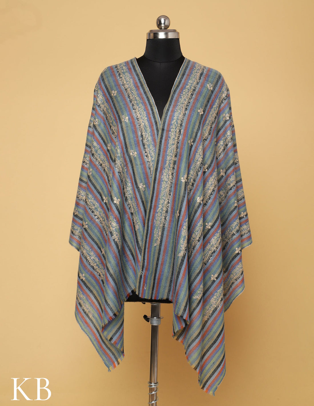 Multicolor Striped Sozni Embroidered Pure Pashmina Stole - Kashmir Box