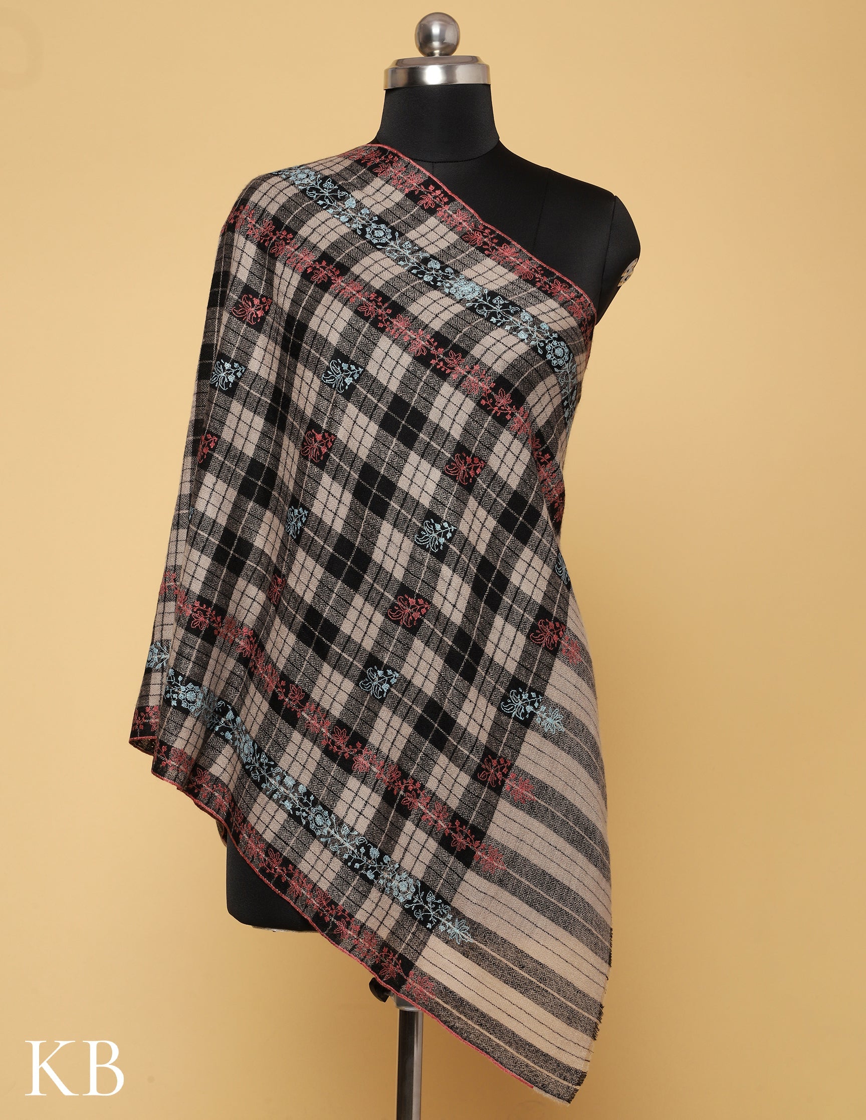 Grey And Black Check Sozni Embroidered Pure Pashmina Stole - Kashmir Box