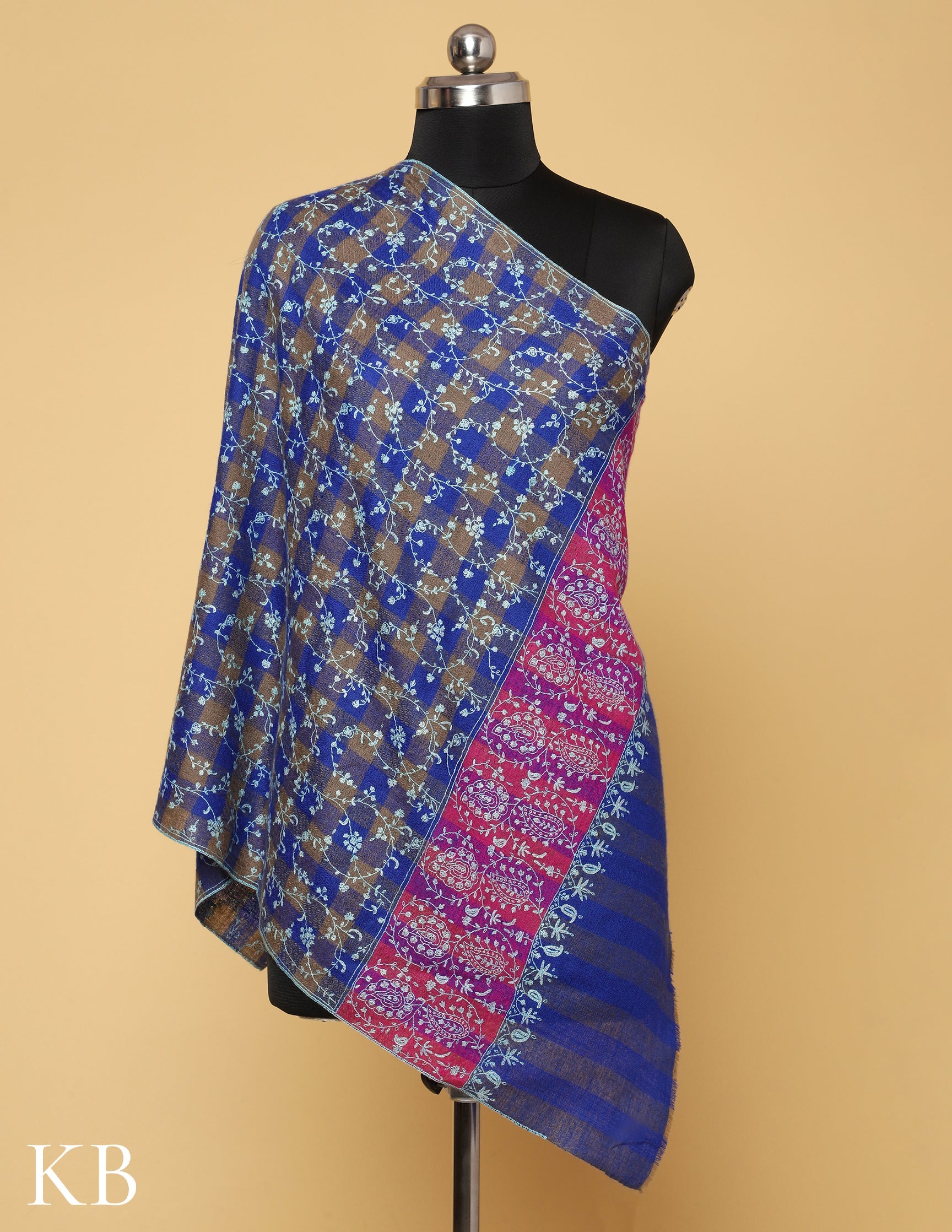 Blue Striped and checked Sozni Embroidered Pure Pashmina Stole - Kashmir Box