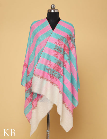 Pink and Turquoise  Stripped Sozni Embroidered Pure Pashmina Stole - Kashmir Box