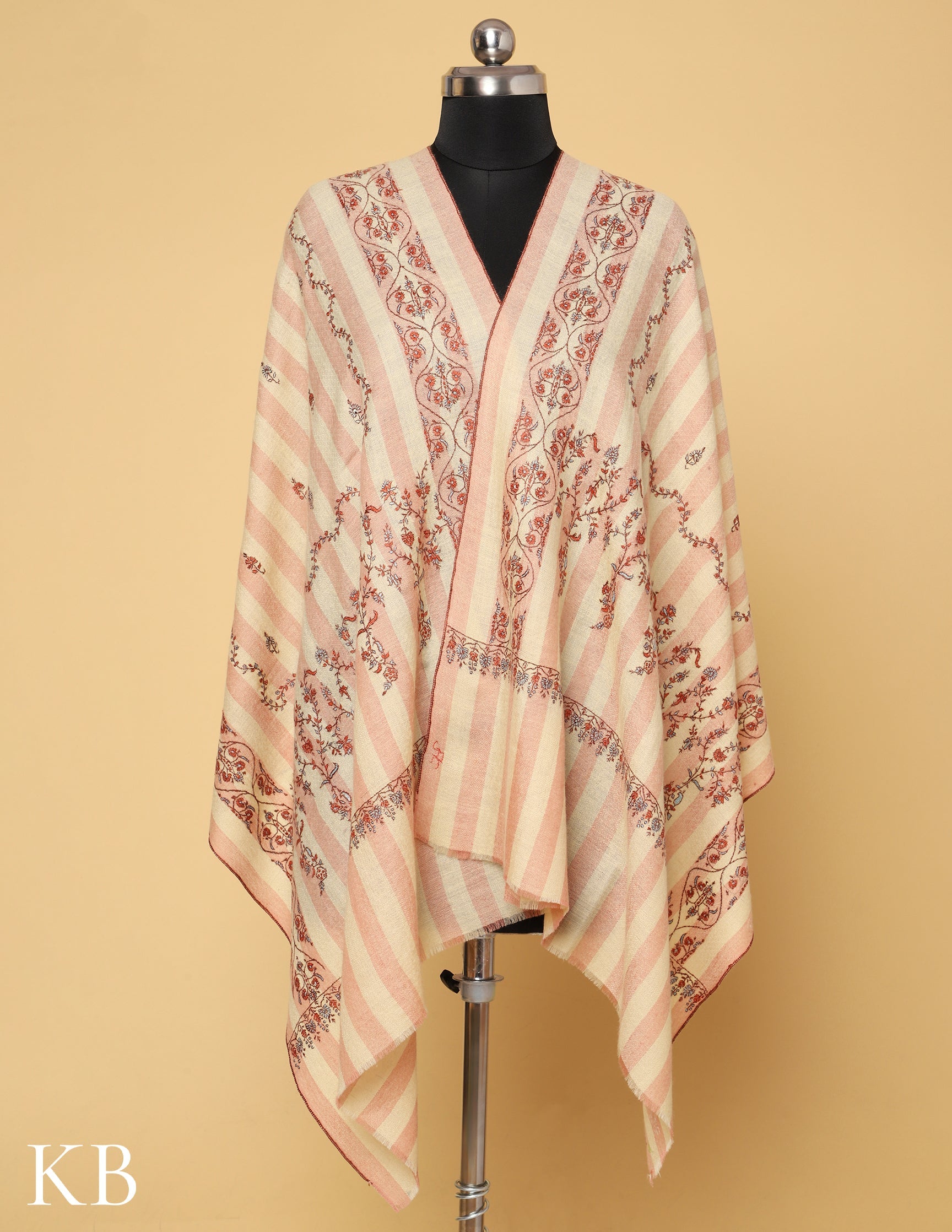 Offwhite Stripped Sozni Embroidered Pure Pashmina Stole - Kashmir Box