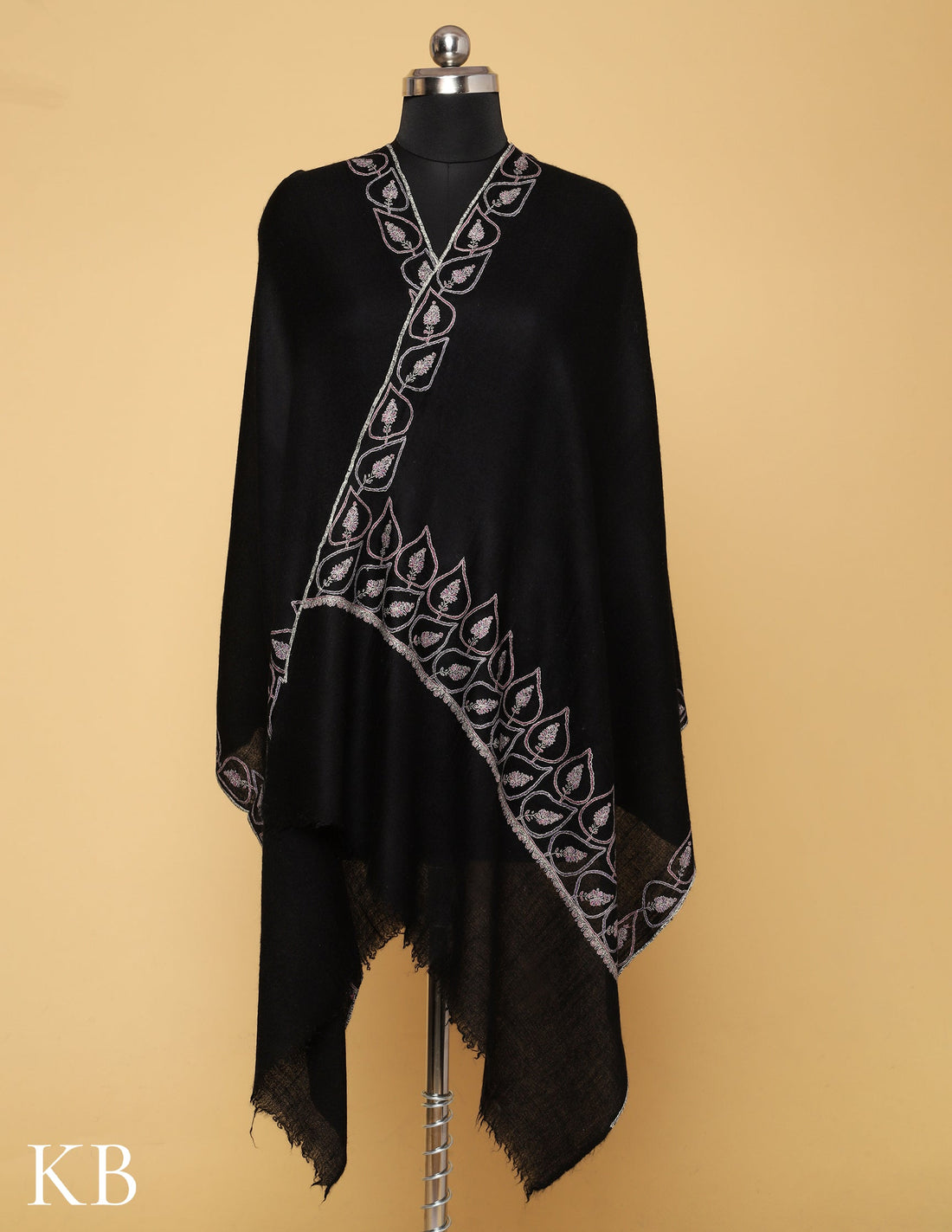Black Sozni Embroidered Pure Pashmina Stole - Kashmir Box