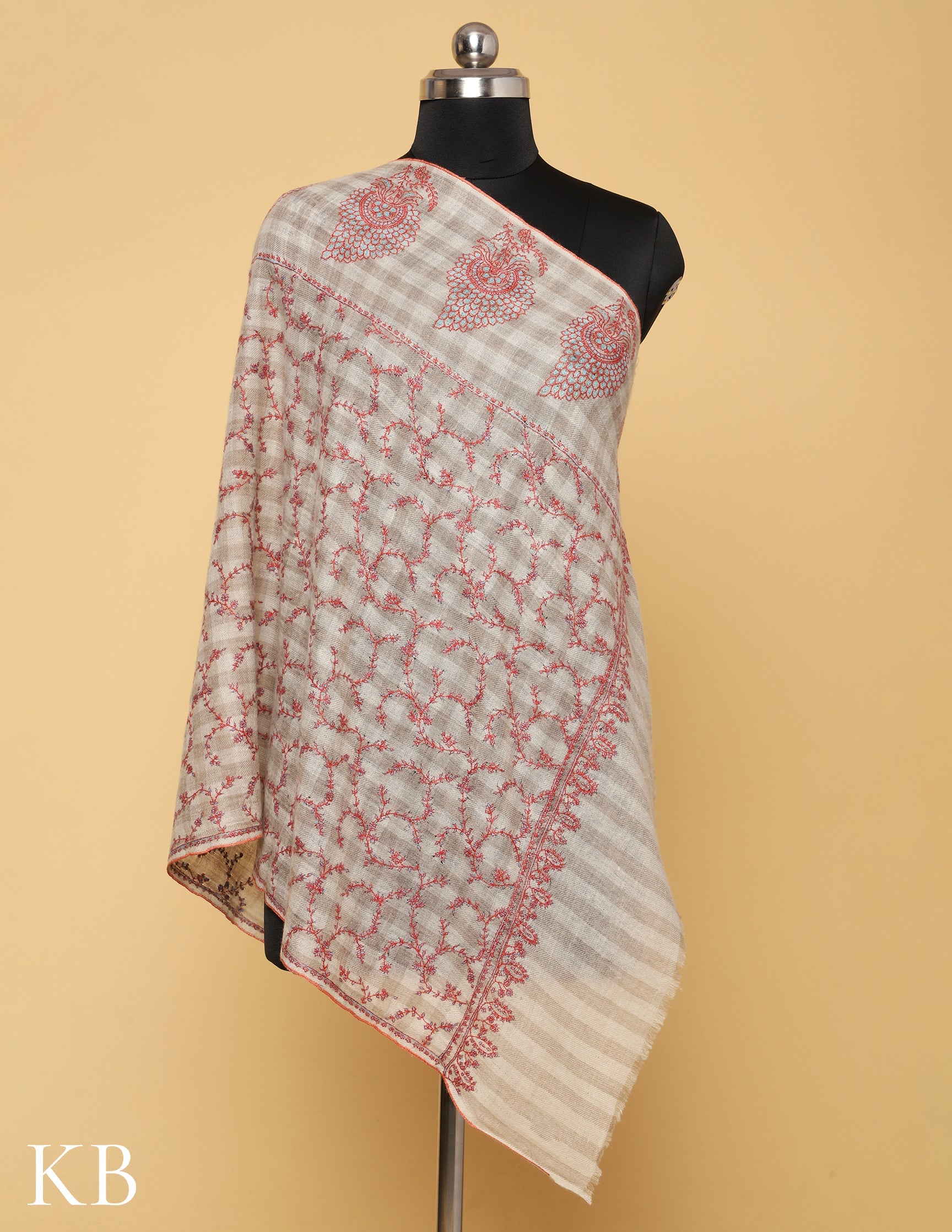 Buttercream Stripped Sozni Embroidere Pure Pashmina Stole - Kashmir Box