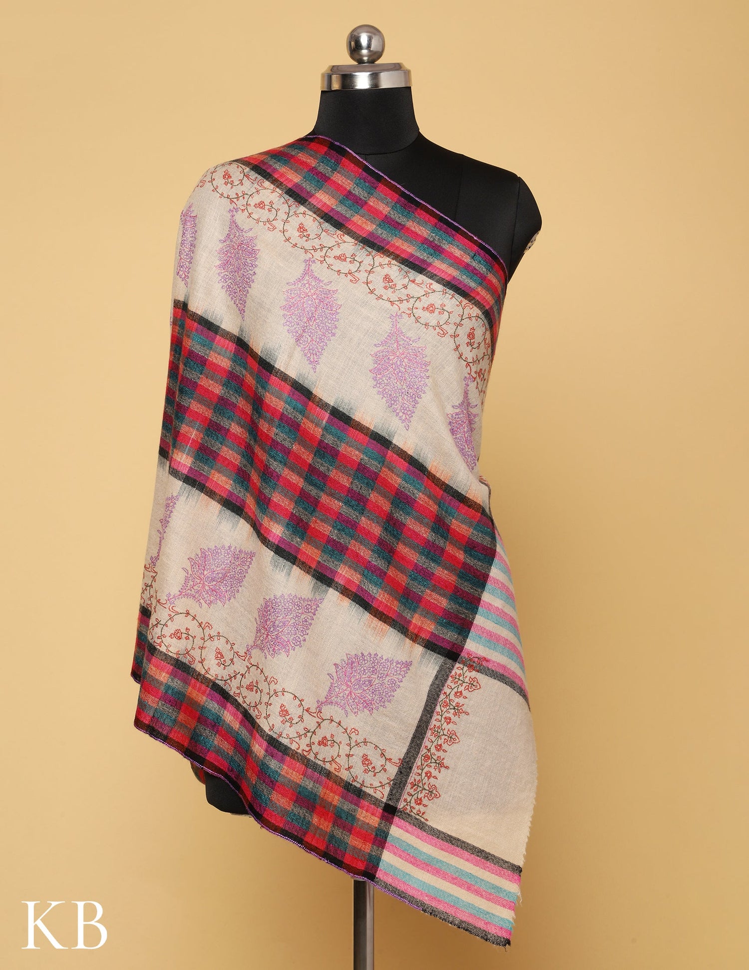 Off White Sozni Embroidered Stripped and checked Pure Pashmina Stole - Kashmir Box