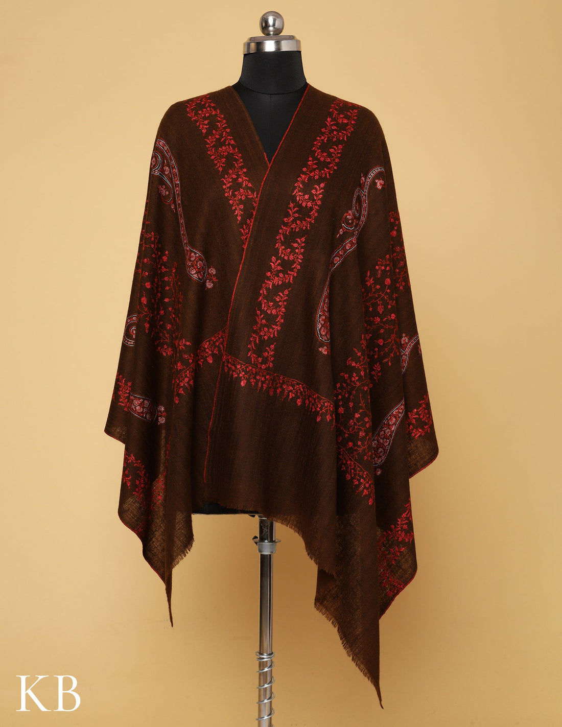 Brown Sozni Embroidered Pure Pashmina Stole - Kashmir Box