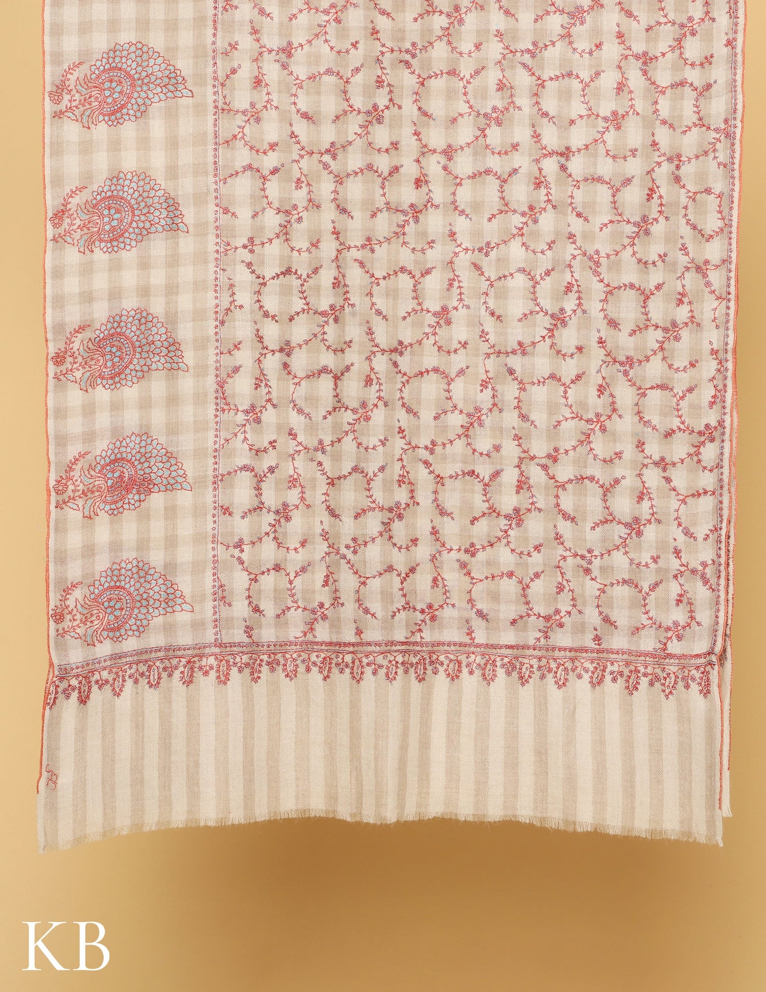 Buttercream Stripped Sozni Embroidere Pure Pashmina Stole - Kashmir Box