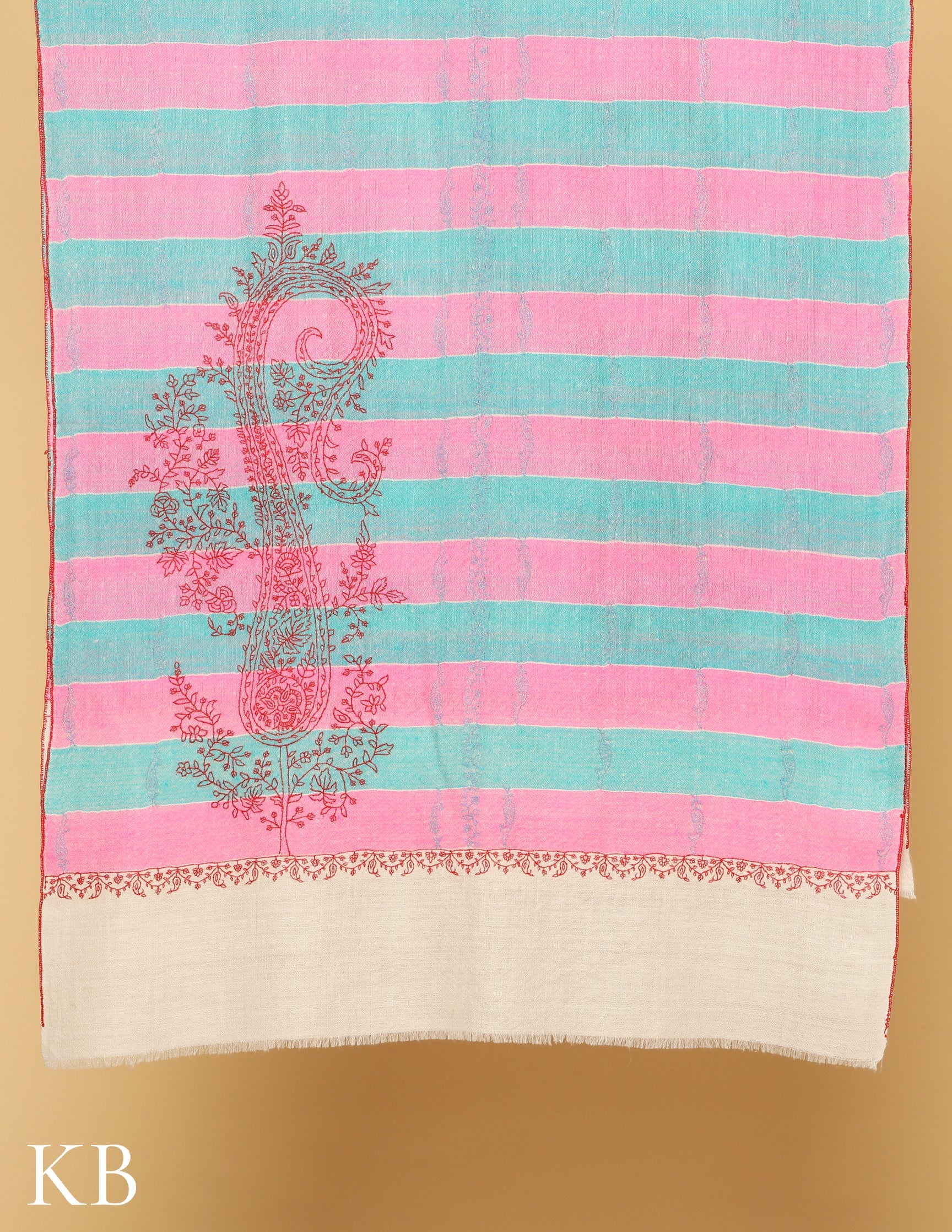 Pink and Turquoise  Stripped Sozni Embroidered Pure Pashmina Stole - Kashmir Box