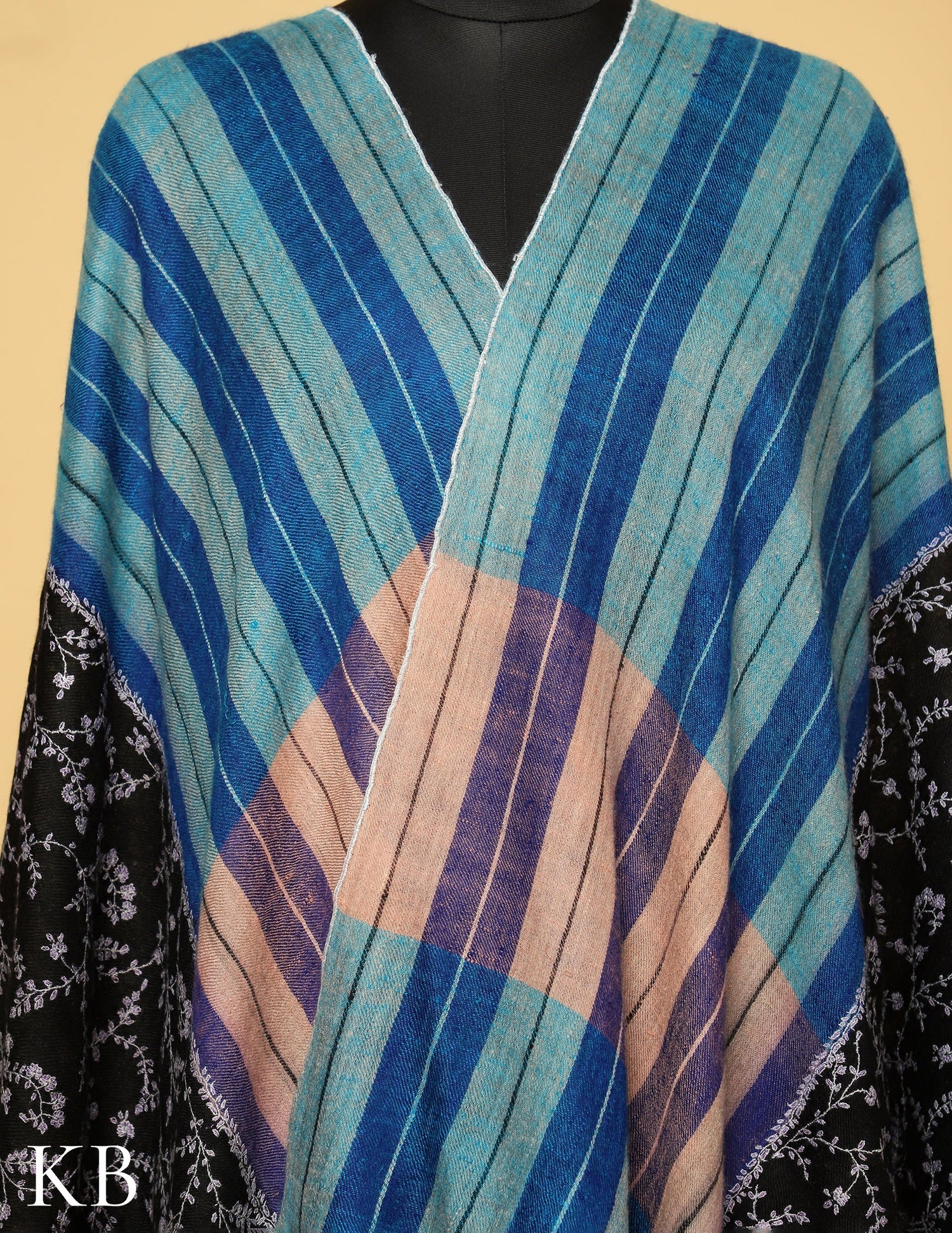 Black Sozni Embroidered And Blue Stripped Pure Pashmina Stole - Kashmir Box