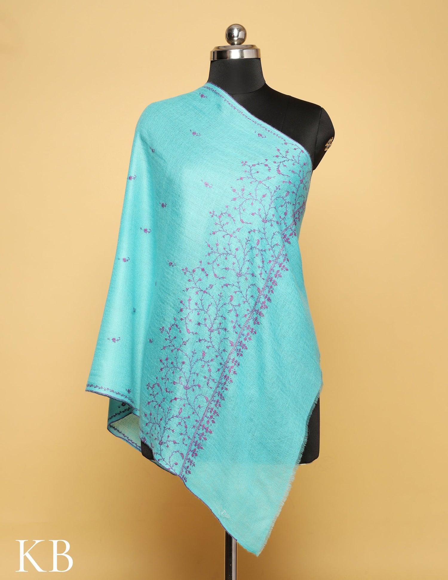 Arctic Blue Sozni Embroidered Pure Pashmina Stole - Kashmir Box