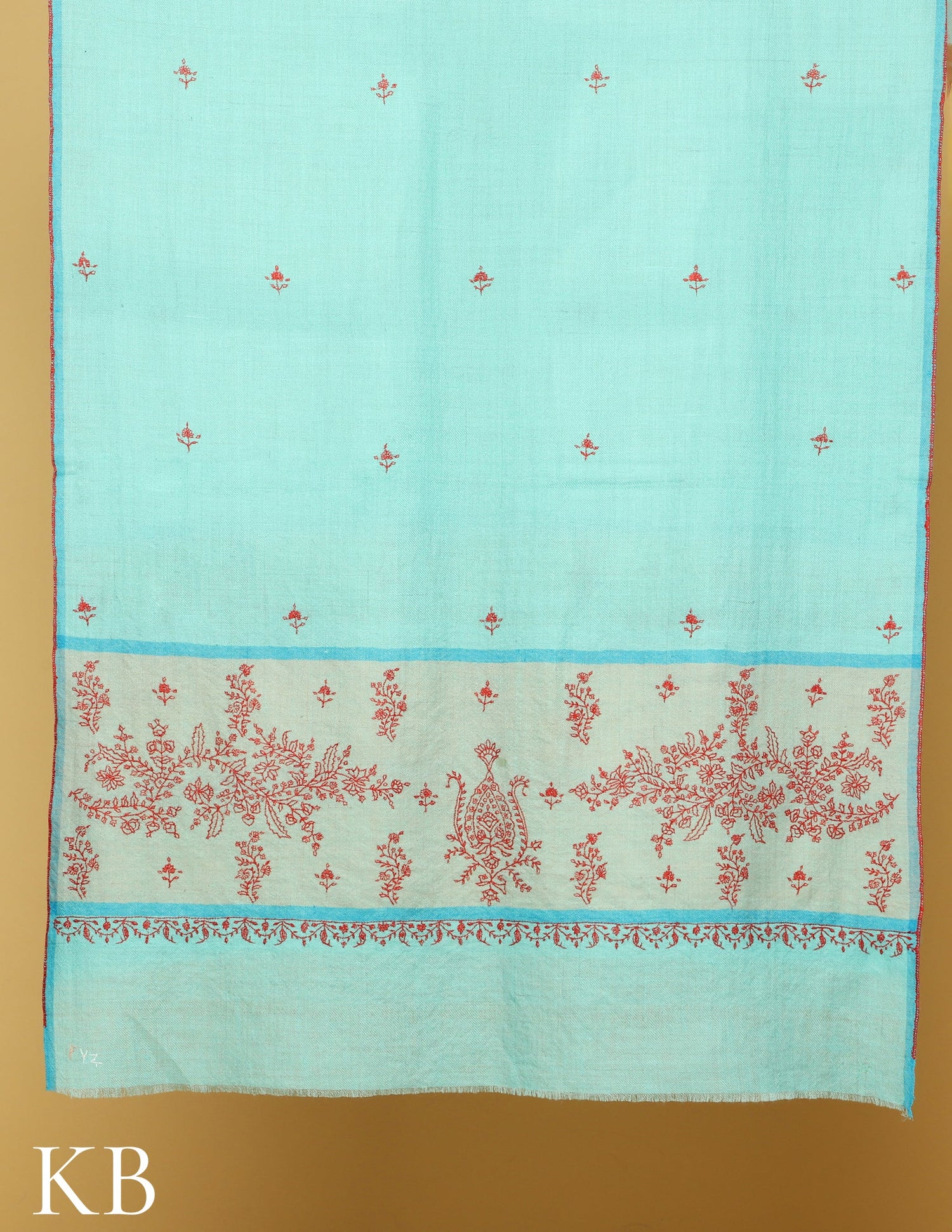 Sky Blue Grey Palla Sozni Embroidered Pure Pashmina Stole - Kashmir Box