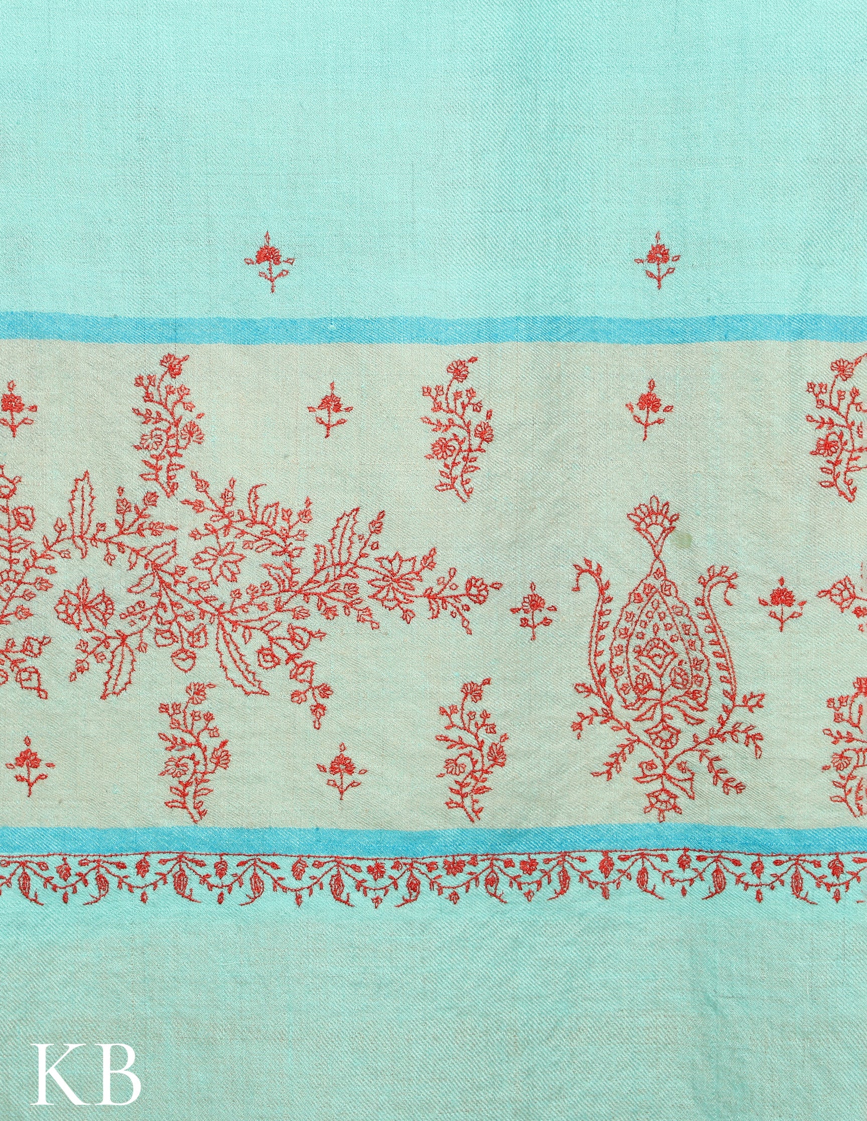 Sky Blue Grey Palla Sozni Embroidered Pure Pashmina Stole - Kashmir Box