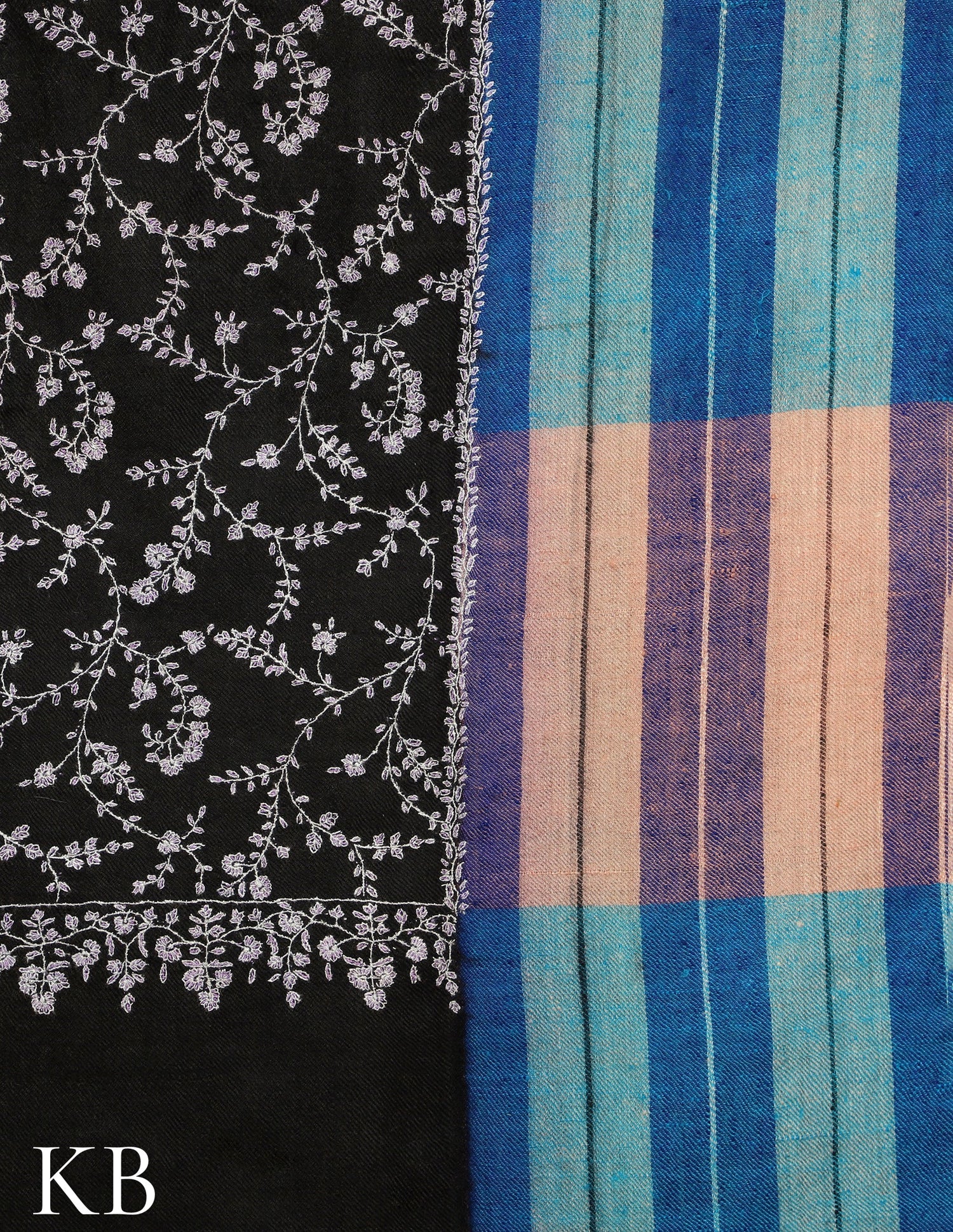 Black Sozni Embroidered And Blue Stripped Pure Pashmina Stole - Kashmir Box